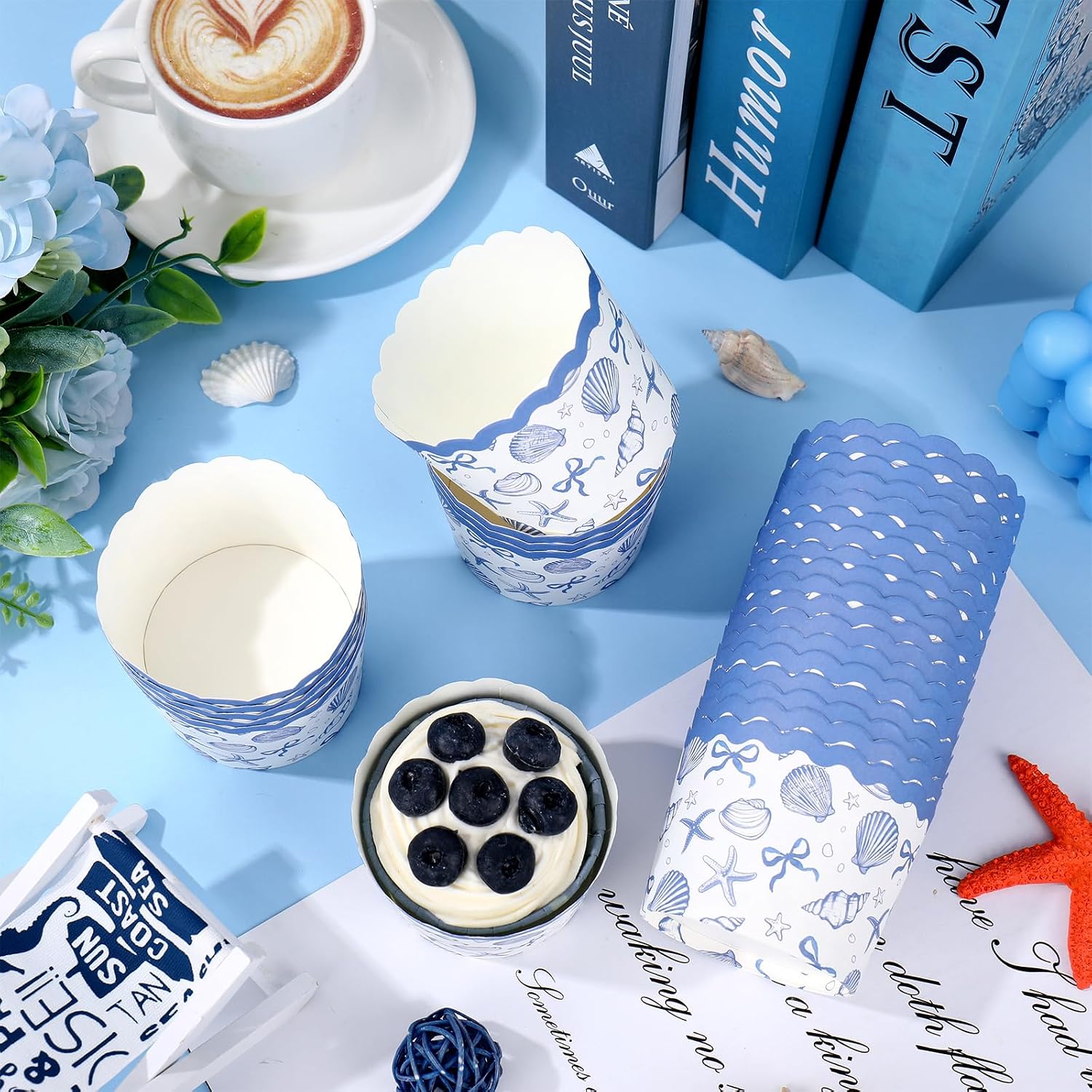 Whaline 100Pcs Ocean Scalloped Cupcake Liner Blue Bow Starfish Seashell Paper Baking Cup Muffin Liner Cake Storage Container for Summer Party DIY Crafts Supplies image 4