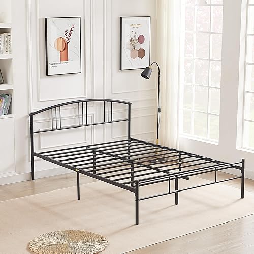 Miniatura 4 de VECELO Base de cama tamaño Queen con cabecero y estribo, base de colchón de plataforma metálica, listones de acero resistente, no necesita somier,