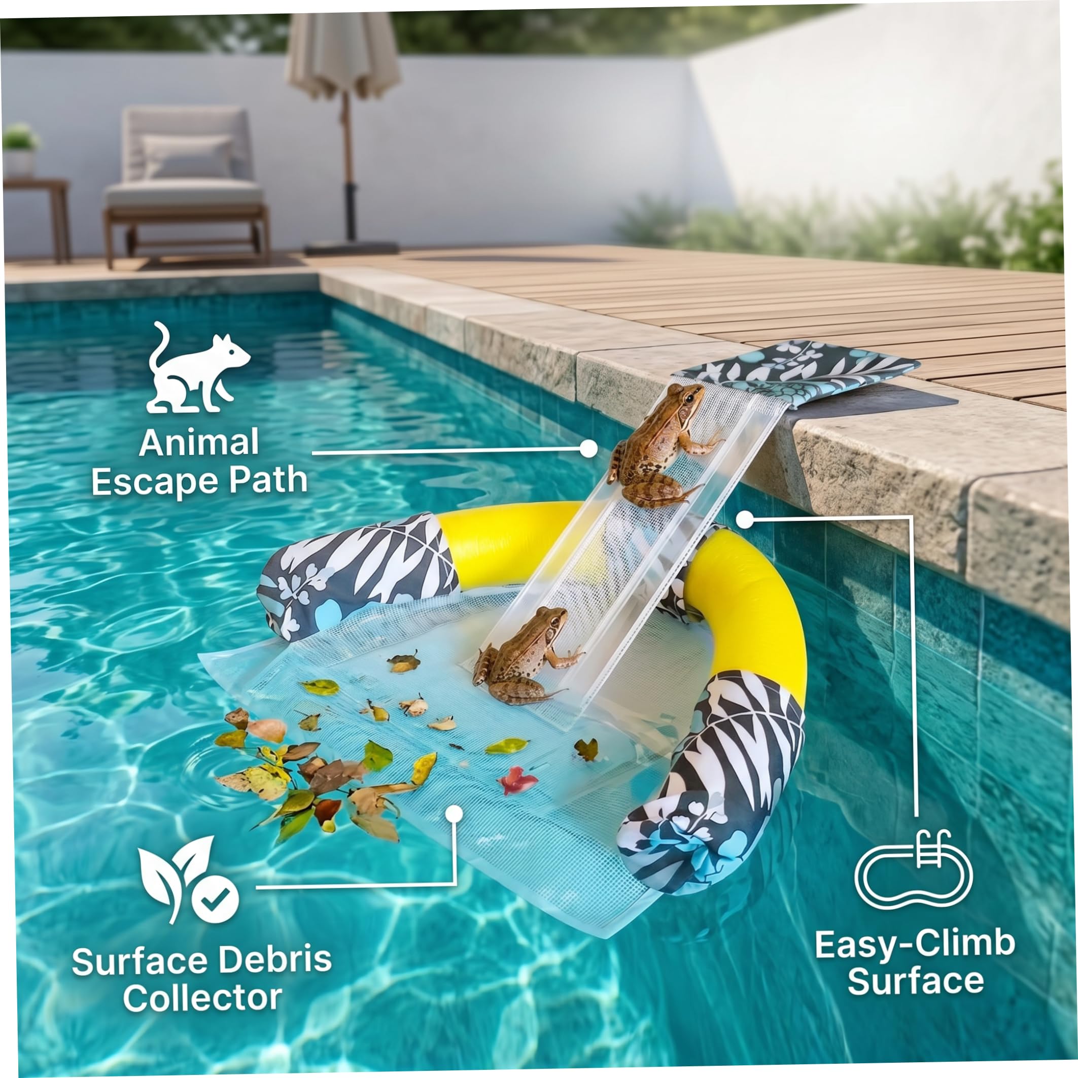Entenrampe für Pool, Mesh-Pool, Tierfluchtrampe und Blattskimmer, Doppelfunktion für Frösche, Vögel, Enten, Eidechsen und mehr