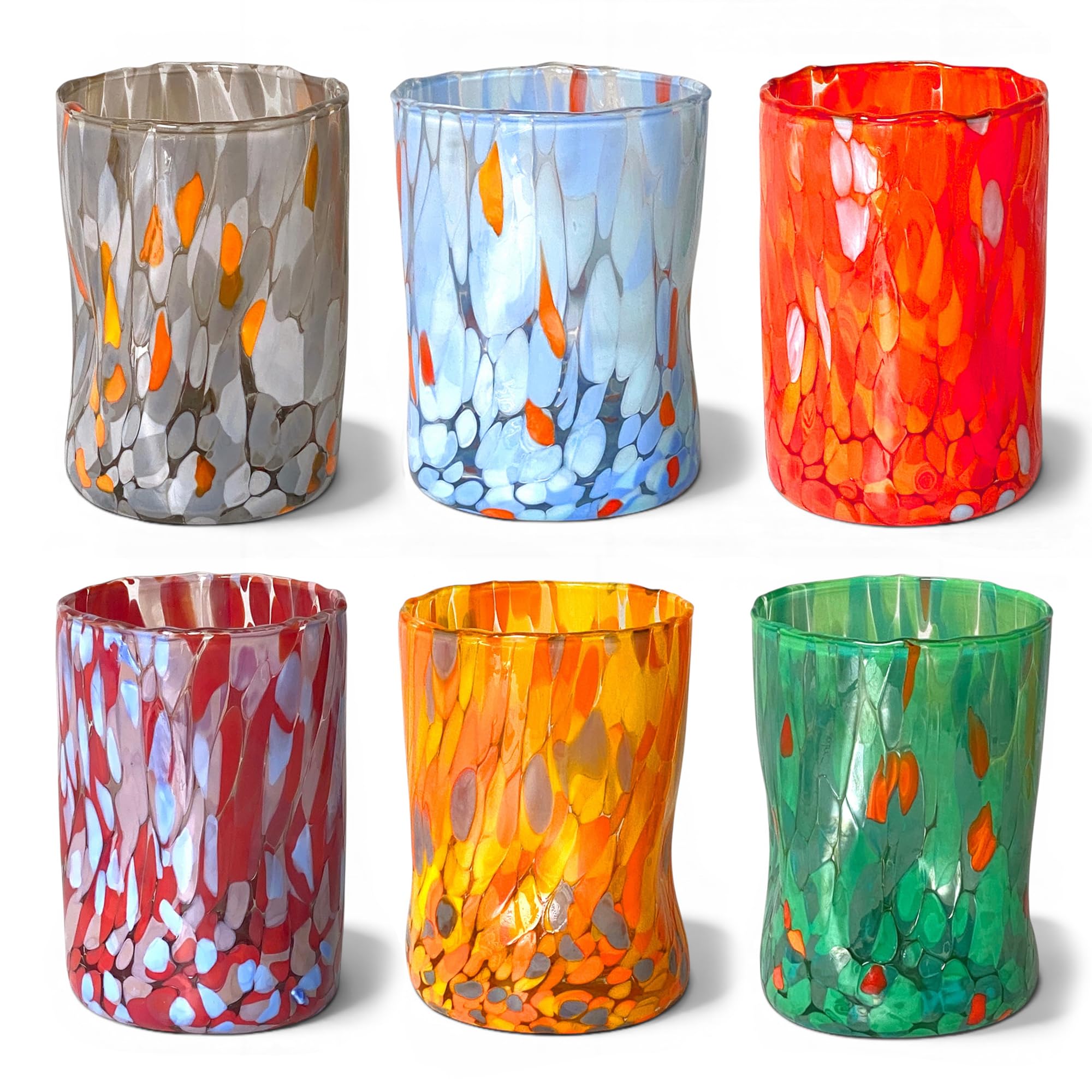 MAZZEGA ART & DESIGN - 6 Bicchieri in Vetro Soffiato, Lavorati a Mano con Graniglie colorate di Murano, Bicchieri Colorati per Acqua e Bibite, 395ml, h.12 cm. Made in Italy (6, MIX)