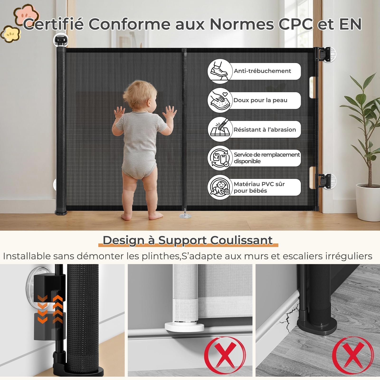 Ycozy Barriere de Securite Enfant sans Perçage 0 à 150cm, Rétractable Barriere de Securite Chien avec Barres Renforcées Empêcher Barriere Escalier Enroulable pour Escaliers, Intérieur et Extérieur