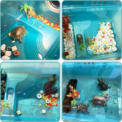 Miniatura 3 de Fhiny Paquete de 2 tanques de tortuga con tapa, caja de cría de tortugas de plástico pequeña y mediana con plataforma para tomar el sol y acuario de