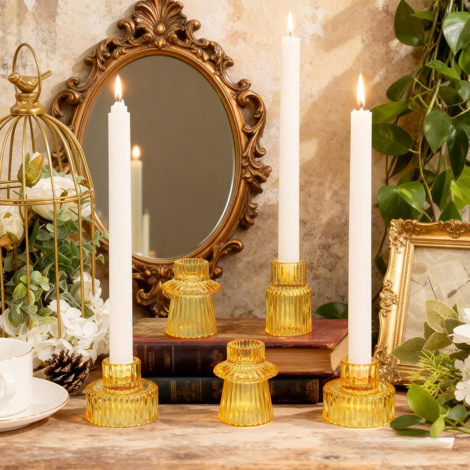 WELLIFE 6 Pcs Amber Glass Candle Holder, Taper Candle Holder, Amber Glass Candlestick Holder for Party, Wedding Decorations, Table Centerpieces and Thanksgiving - Image 4