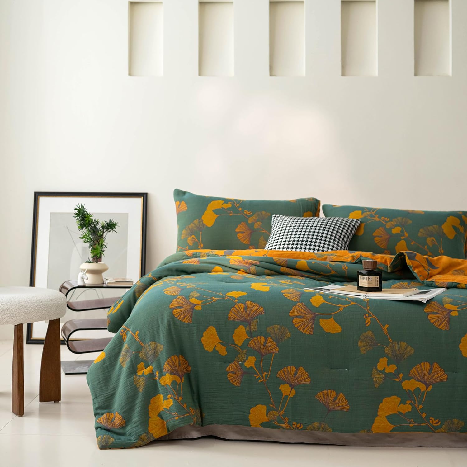 100% Cotton Muslin Jacquard Comforter Set, Floral Ginkgo Leaves Print, Soft Lightweight Reversible 3 Piece Bedding Sets for All Season, Green Yellow, Full/Queen(90"x90") - Image 2