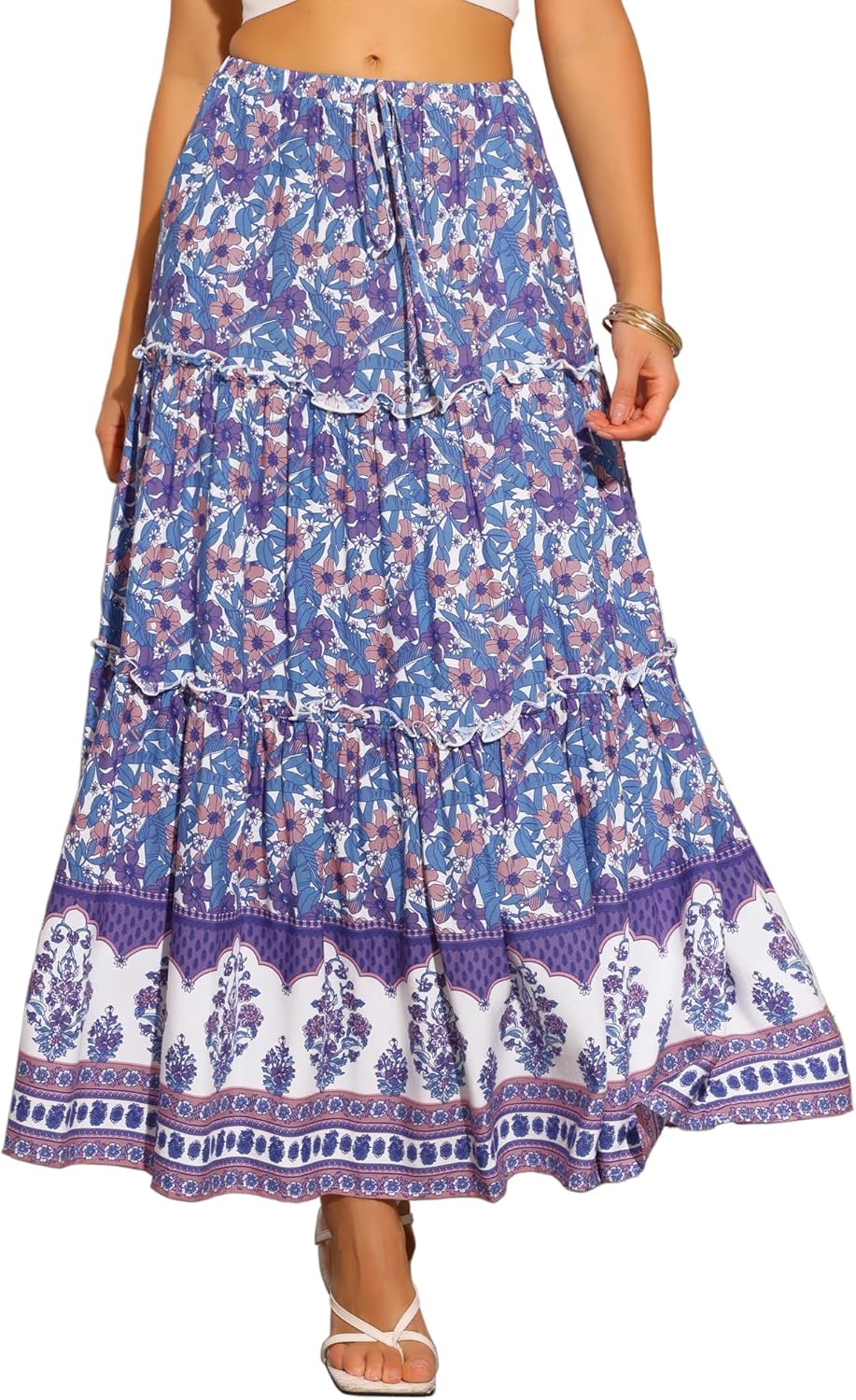 Allegra K Summer Boho Maxi Skirts for Women Floral Flowy Ruffle Tiered Long Skirts with Pockets
