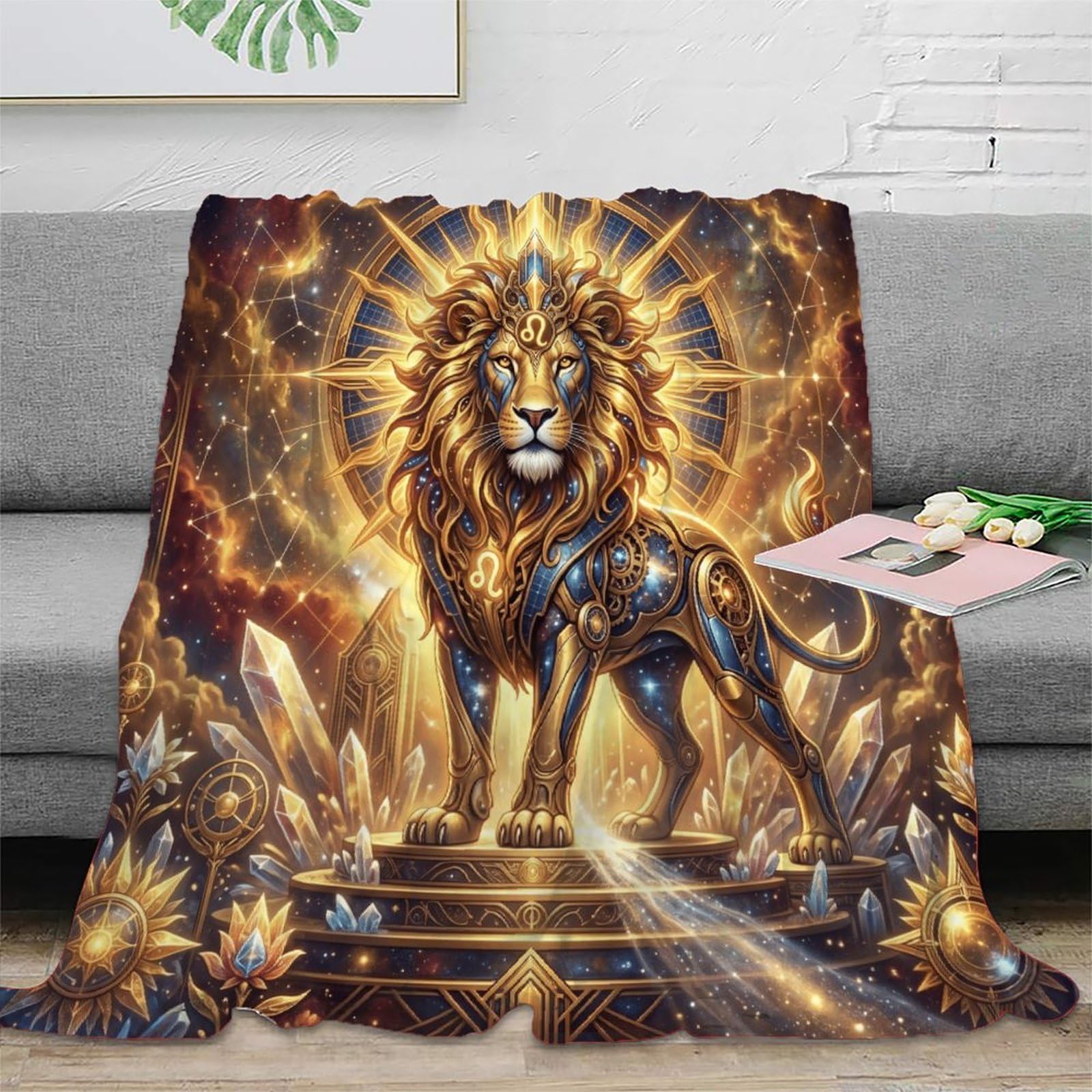 Leo Zodiac Golden Lion for Flannel Throw Blanket, Living Room Bed