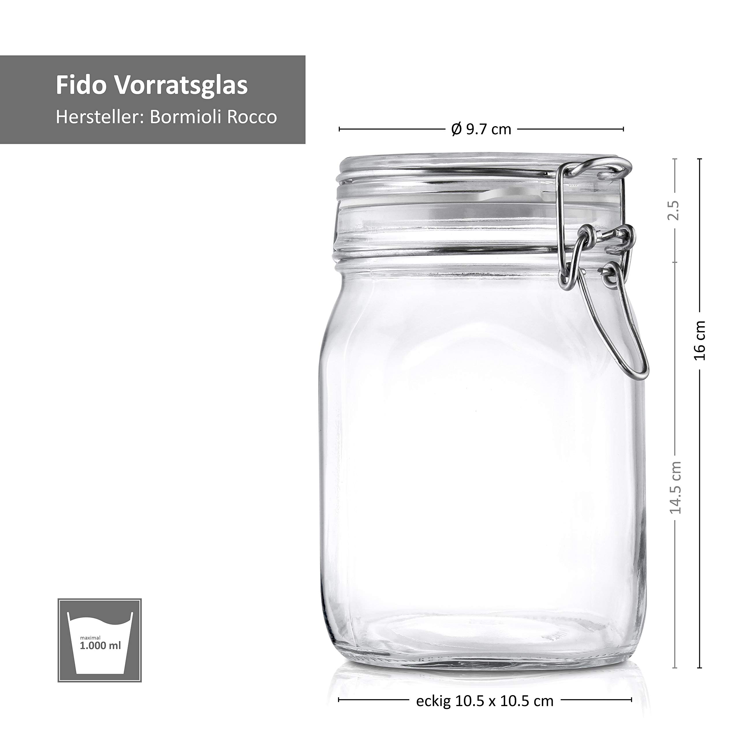 Bormioli Fido - Juego de 12 tarros (1,0 L, cierre hermético, incluye cuaderno de recetas)