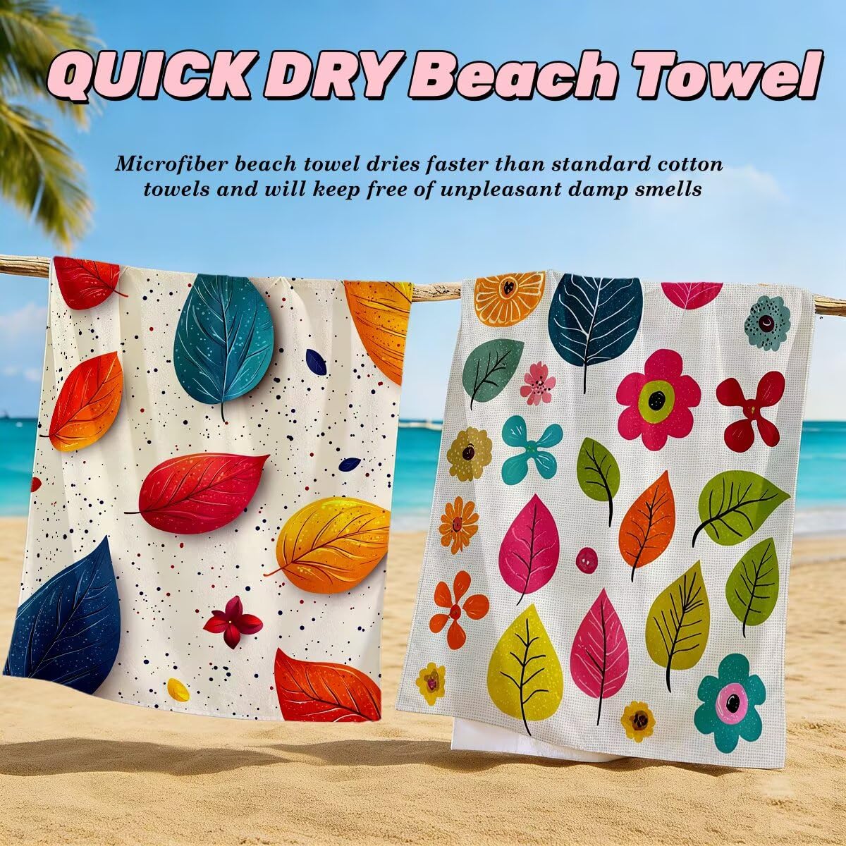 Toalla Playa 80x160 cm, Toalla Gimnasio Microfibra Secado Rapido, Juego de 2 Antiarena Toallas de Playa, Ligera Compacta Toallas Microfibra Grande para Viaje, Regalo Hombre Regalo Mujer (Hoja) -4825