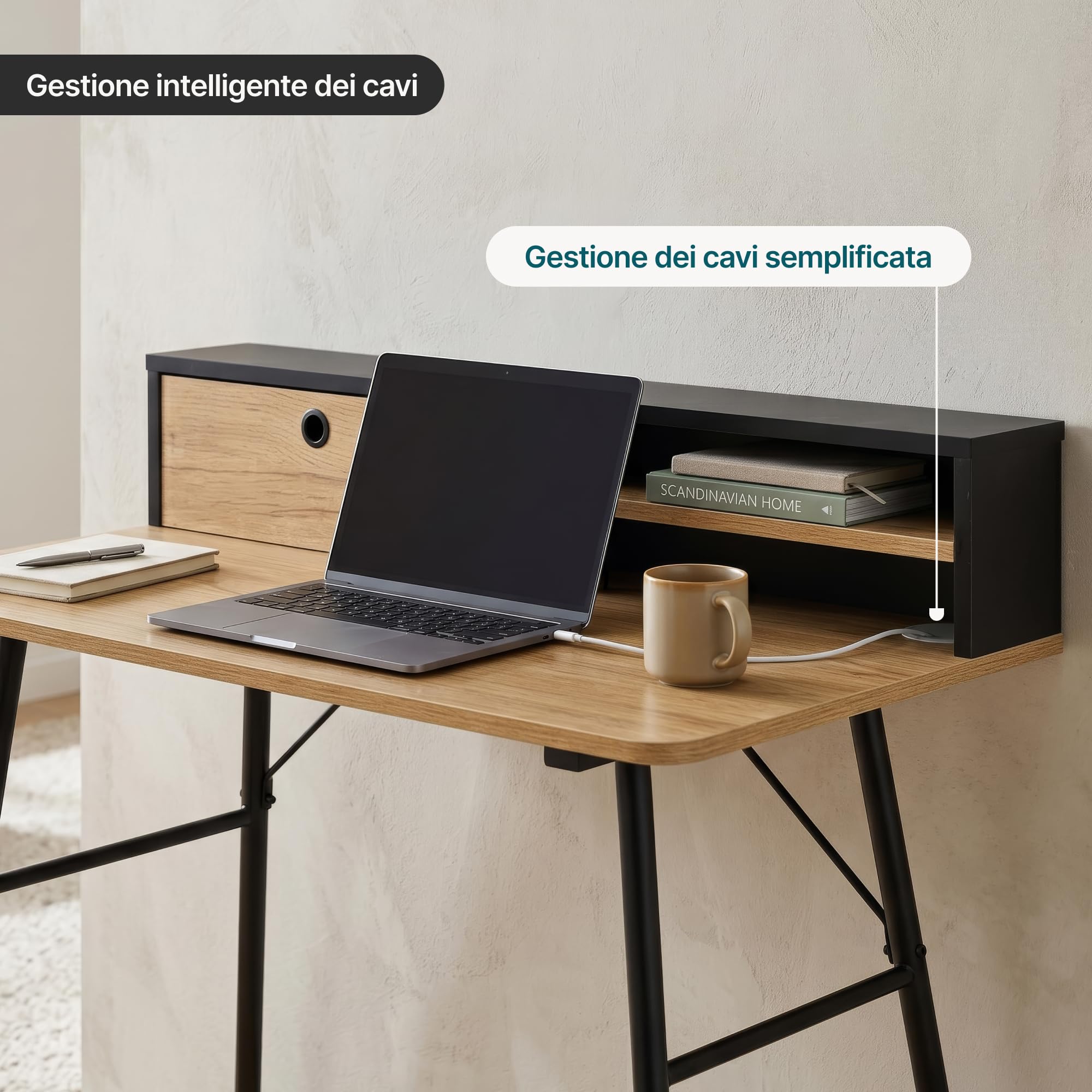 [en.casa] Scrivania con Organizzatore 93x90x50 cm Nero/Effetto Rovere
