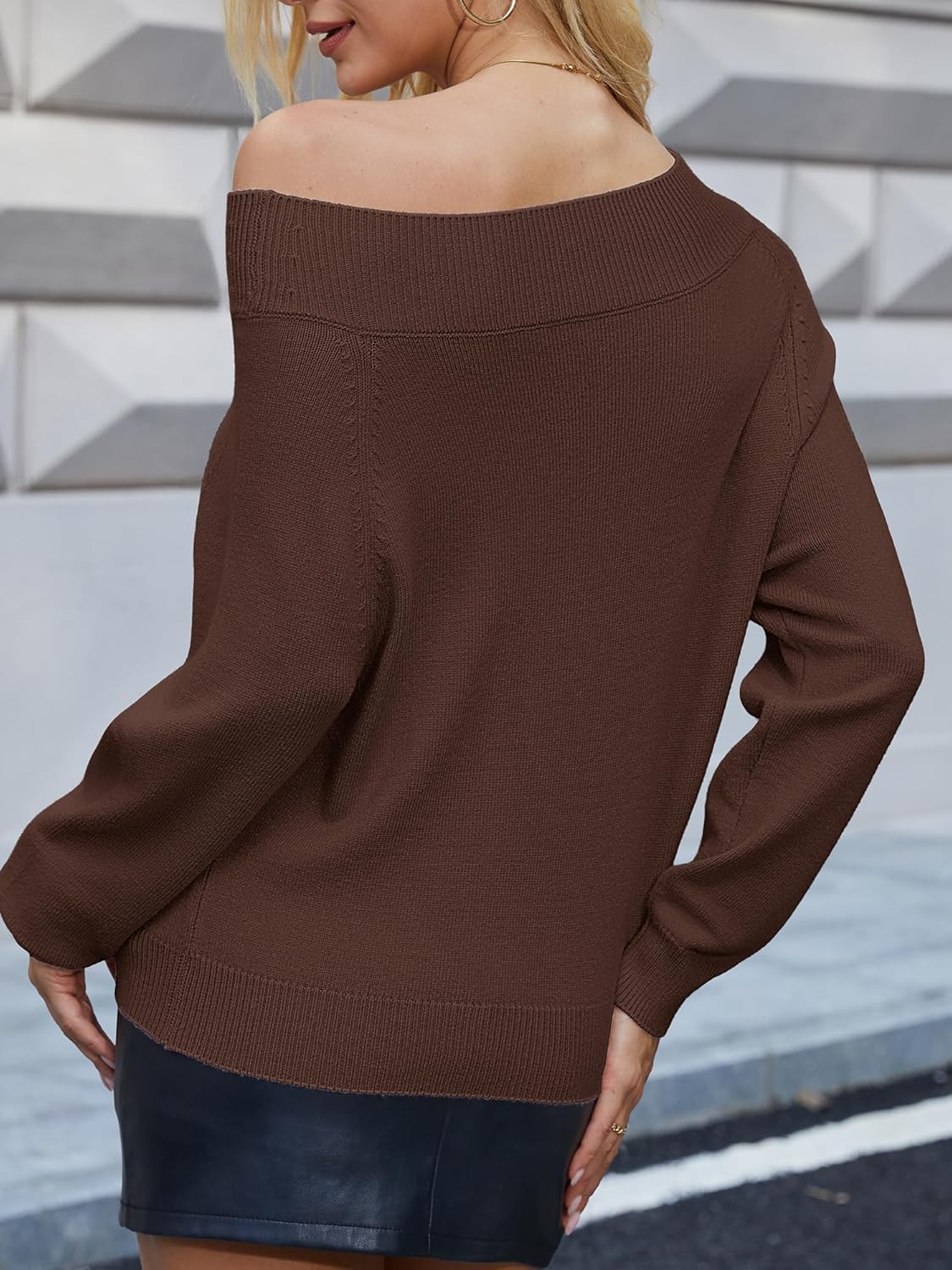 ELLEVEN Women’s Off Shoulder Sweater Soft & Cozy, Casual One Shoulder Pullover Long Sleeve Fall Winter Outfits - Image 2