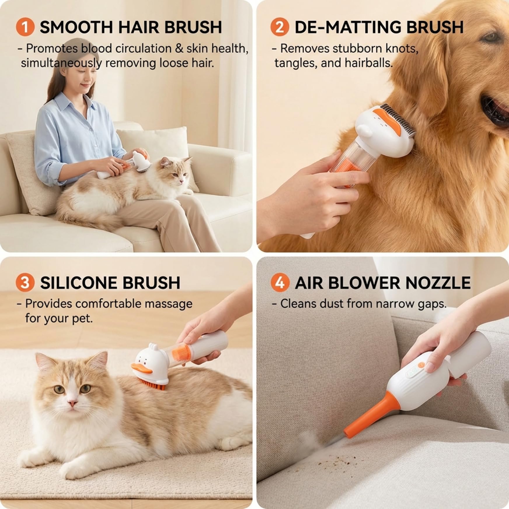 Spazzola per cani, Aspirapolvere per toelettatura 4 in 1 per cani e gatti con autopulizia, Design senza fili, Strumento per toelettatura per corti e medi, Uso interno