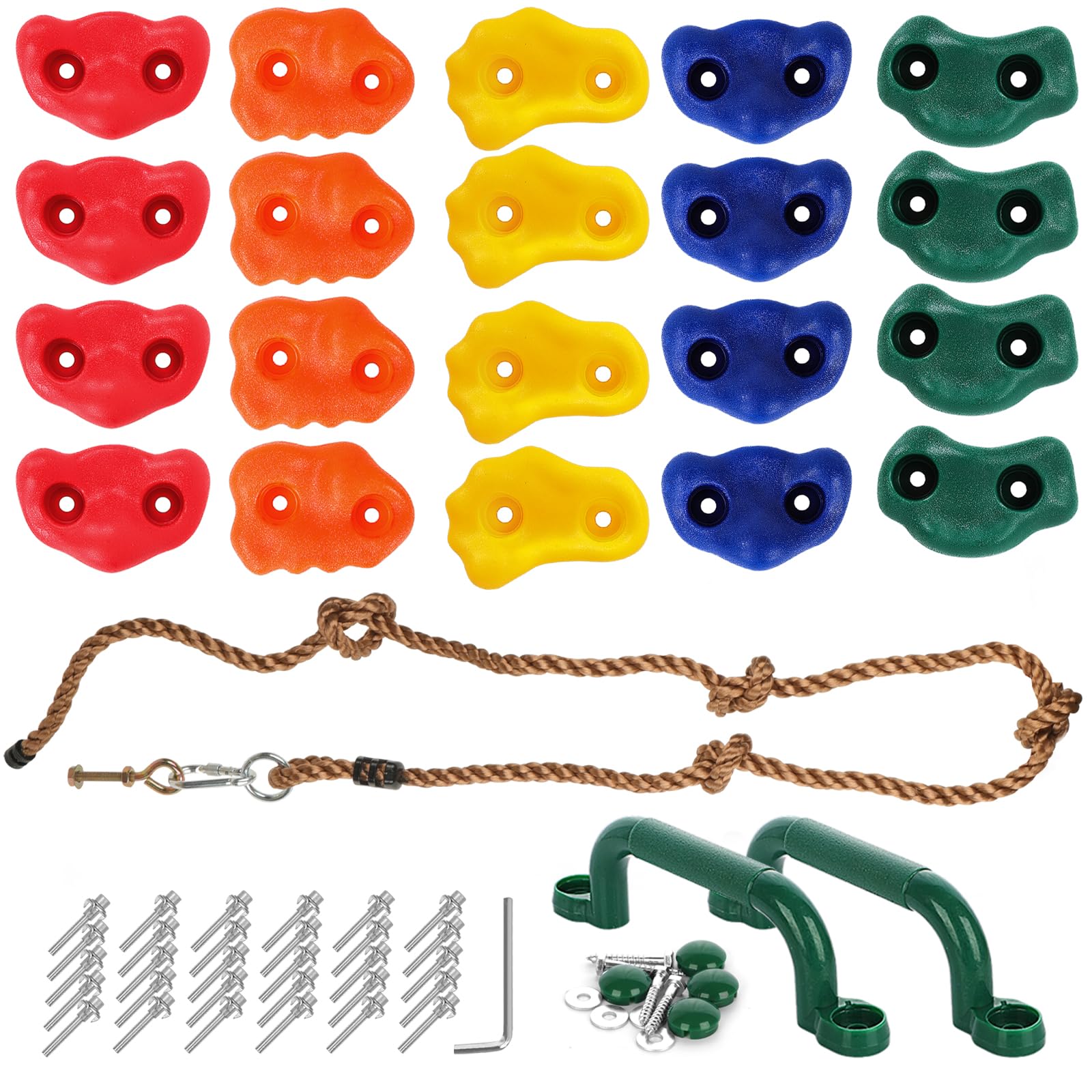 Geavo 20Pcs Rock Wall Climbing Holds for Kids with 2 Handles and Knotted Rope, Indoor and Outdoor Rock Wall Kit, Multi-Colored Climbing Rock Wall Grips for Playground Play Set