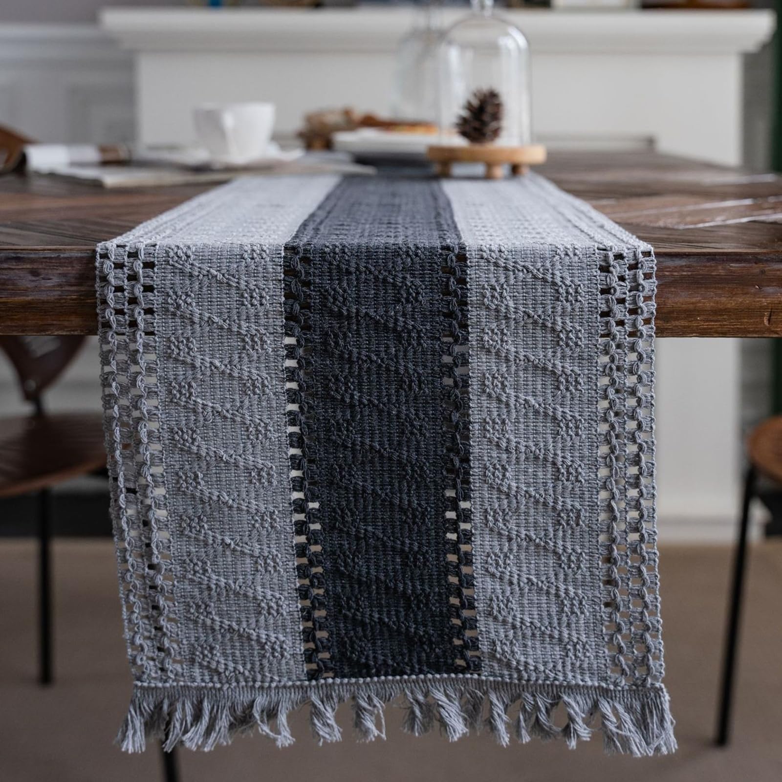 Tischläufer Landhausstil Baumwollleinen, Tischläufer Wohnzimmer 30x350 cm, Grau Gewebt mit Quasten