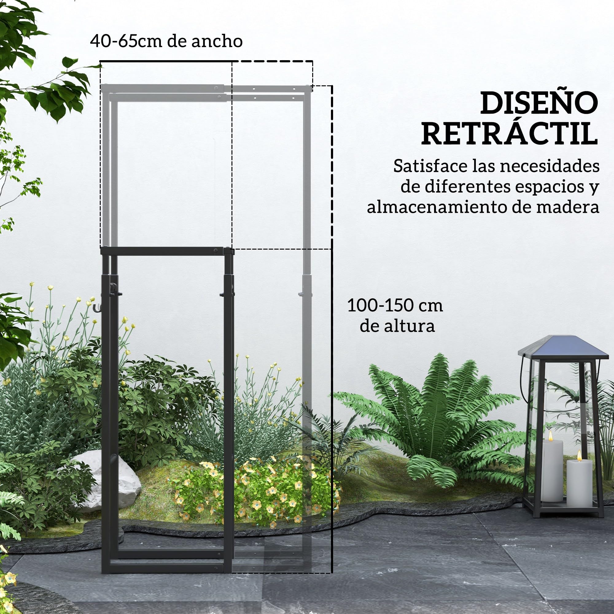 Outsunny Soporte para Leña Extensible Estante de Leña Metálico Leñero con 4 Ganchos para Interior y Exterior 40-65x25x100-150 cm Carga 100 kg Negro