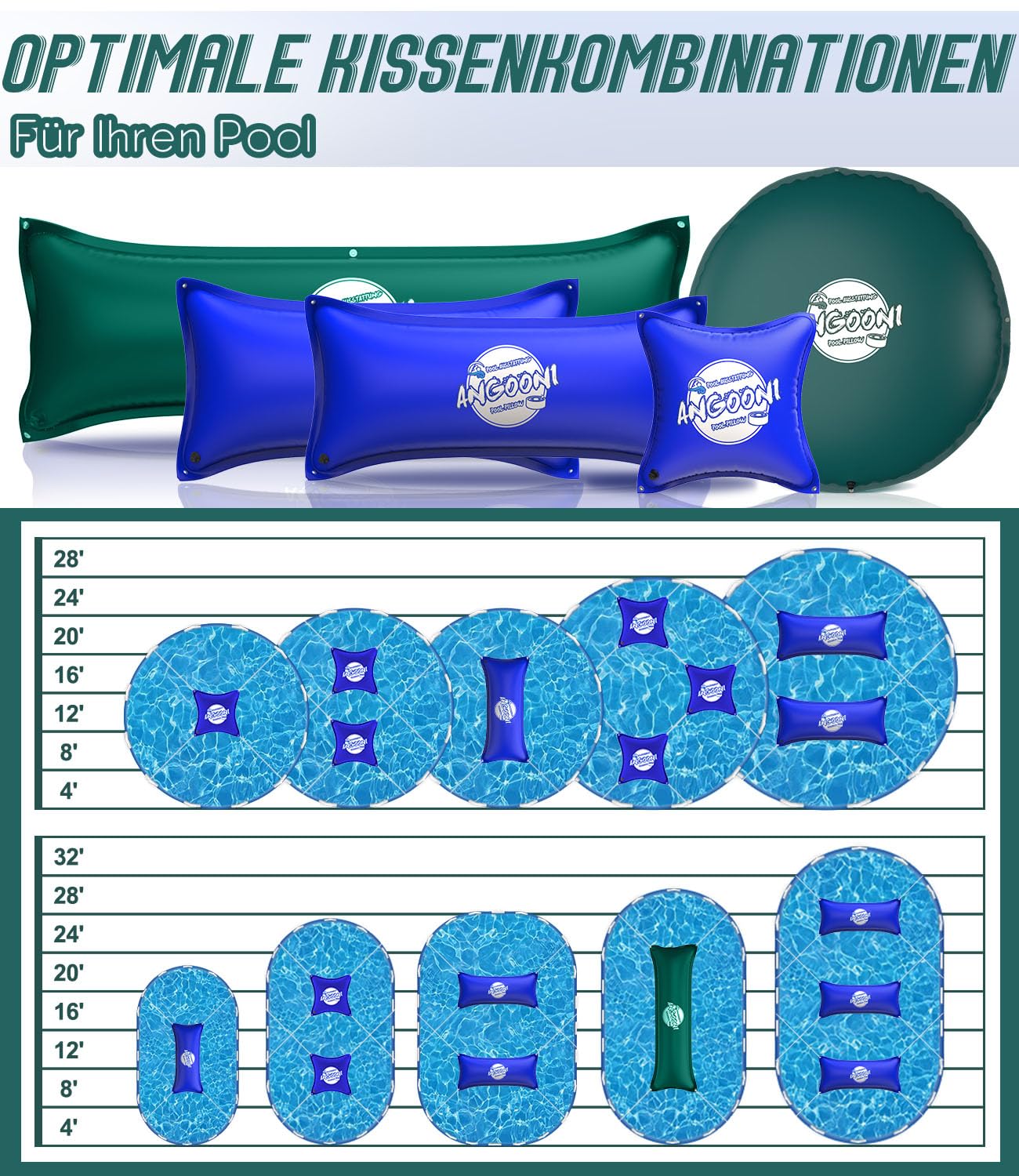 Angooni Poolkissen Winter 200 x 450 cm XXL (für 320-750 x 550-860 cm Pools) | Luftkissen Pool mit Doppelnaht zur Poolabdeckung | Pool Kissen für den Winter mit Boston Dual-Inflation Ventil | Grüner