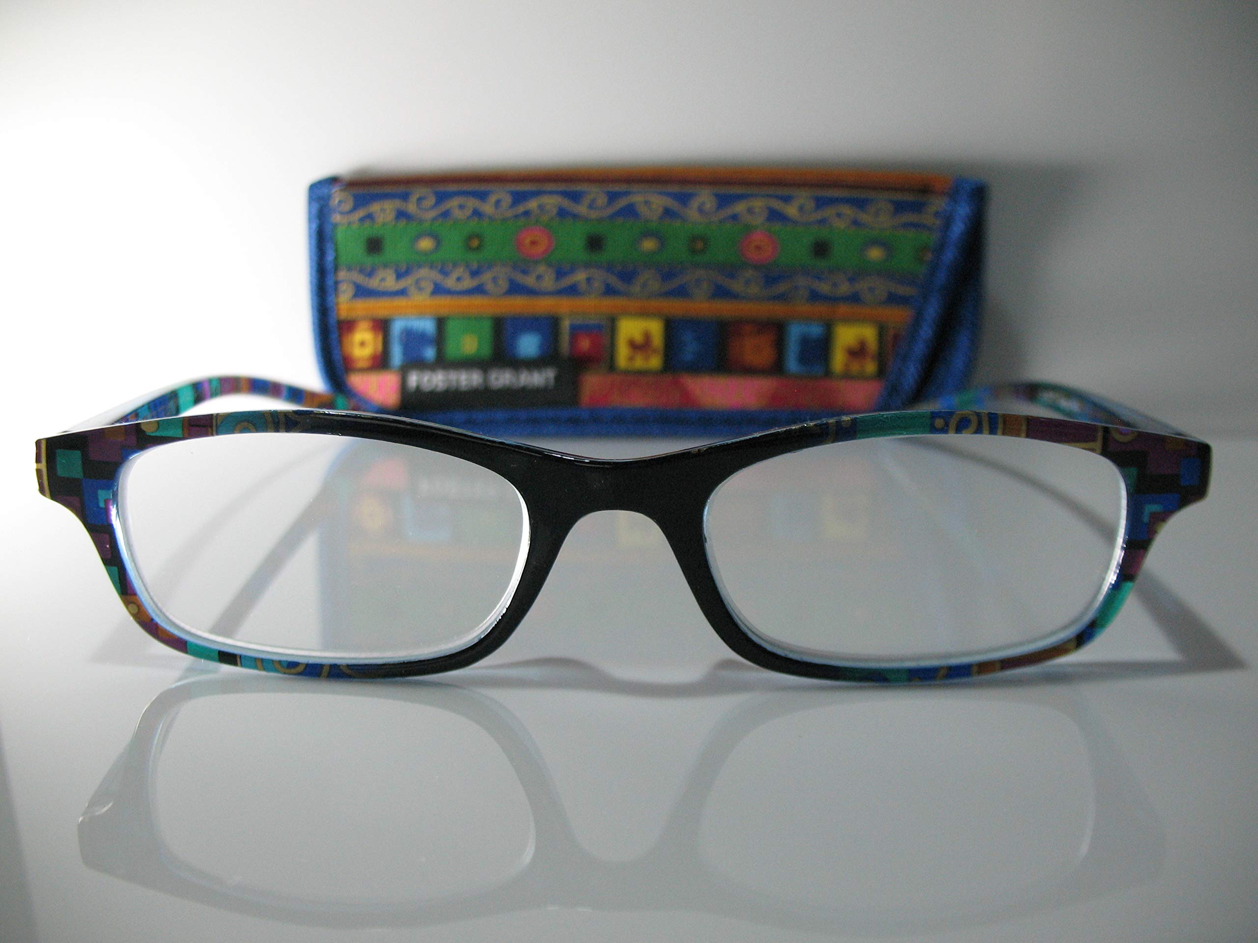 Foster Grant Allegra Navy Muticolor Quilt Womens Reading Glasses w/Case  Free Hard CASE Microfiber Cloth