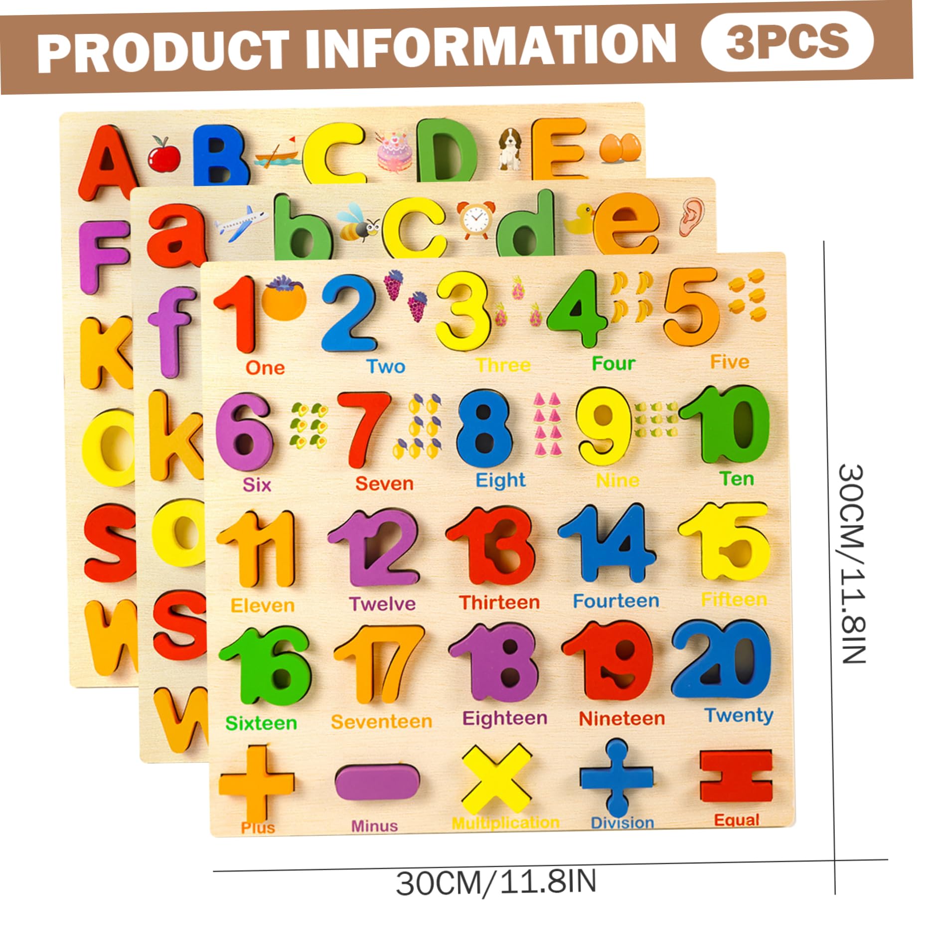 Puzzle in legno, 3 pezzi di puzzle con alfabeto e numeri, giocattoli educativi per attività di apprendimento prescolare per bambini di 1, 2, 3, 4 e 5 anni, in legno per bambini piccoli, puzz