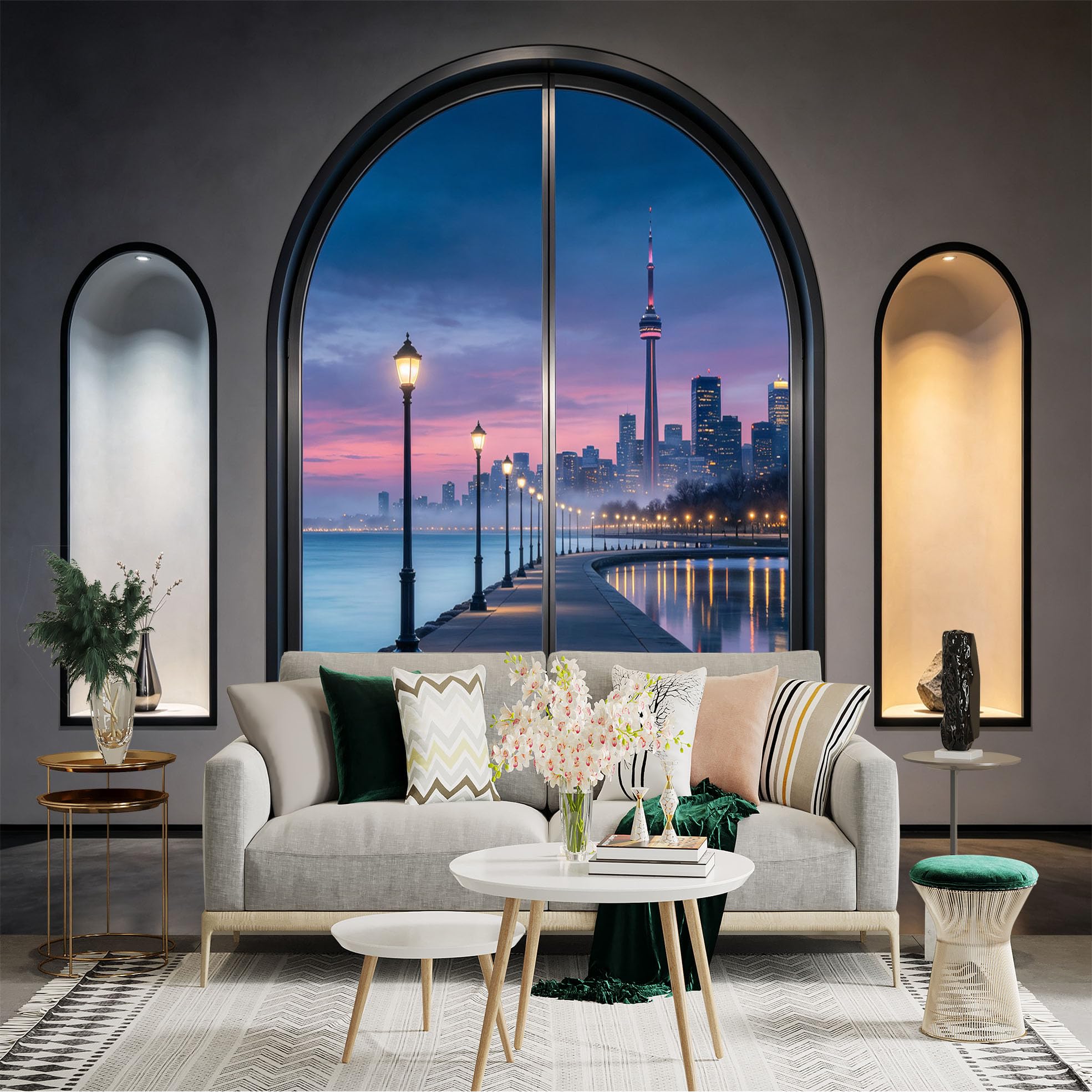 Custom Size Wall Sticker Mural， City Skyline Waterfront at Dusk， Lake Promenade and Night Lights， for wall Decoration， peelandstick wall Decals.