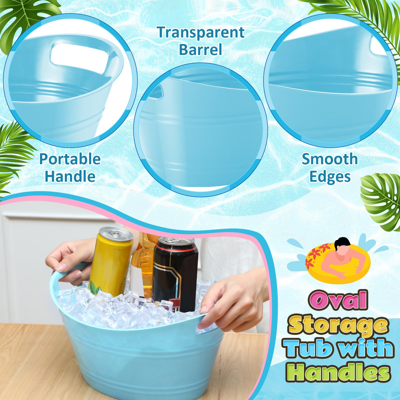 Norme 24 cubos de almacenamiento ovalados con asas, cubo de hielo de plástico de 4,5 L, botella de vino, cerveza, champán, botella de bebidas para fiestas, cesta de almacenamiento (azul cielo)