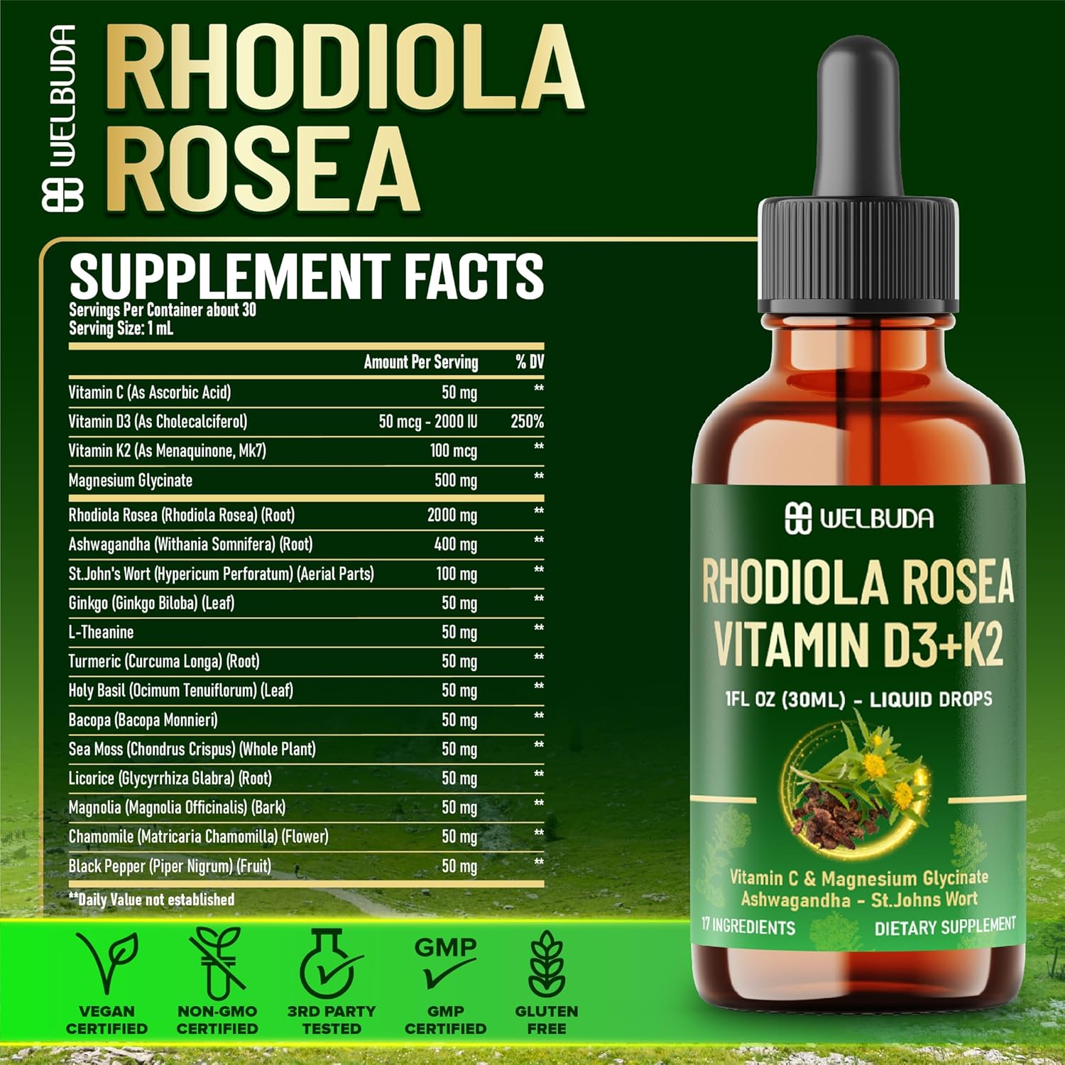 17in1 Rhodiola Rosea Liquid Supplement with Ashwagandha, Magnesium Glycine, L-Theanine, Vitamin C, Vitamin D3, Vitamin K2, Ginkgo, Turmeric, Holy Basil and More - 1 FL Oz - 60 Day Supply - Image 4