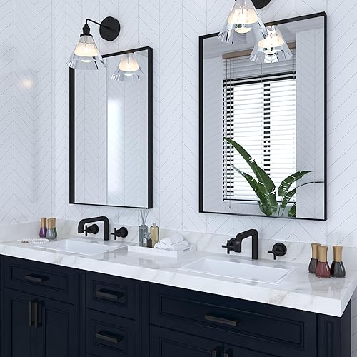 Miniatura 6 de Espejo de baño con marco de metal negro para pared, rectangular de esquina cuadrada de 24 x 36 pulgadas, espejo de tocador de baño moderno, vidrio
