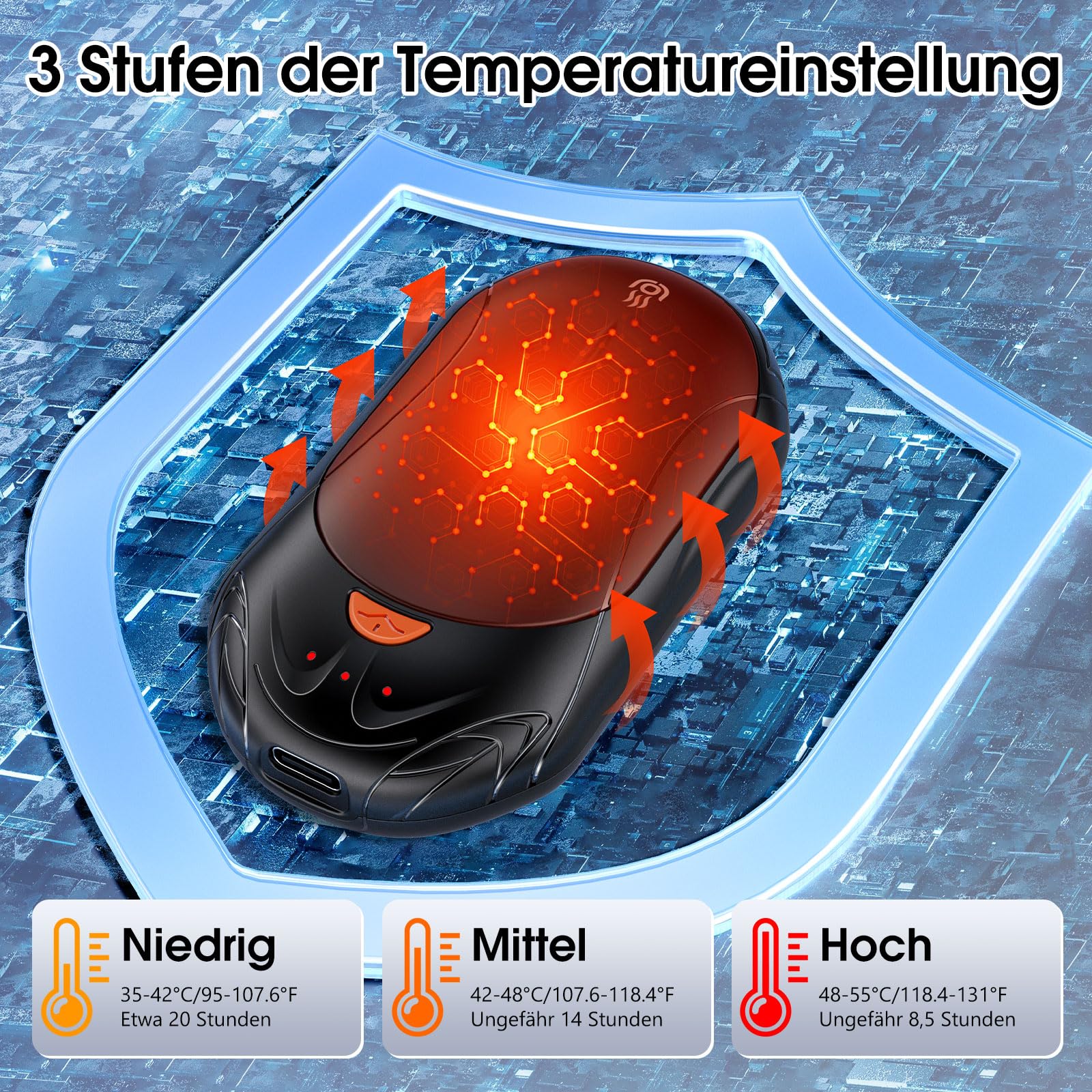 Handwärmer Elektrisch 2er Set, 20 Stunden Akkulaufzeit USB Handwärmer Wiederaufladbar OUTJUT, 6000mAh 3 Heizmodi Schnelles Aufheizen, Outdoor Sport im Winter, Geschenk Weihnachten