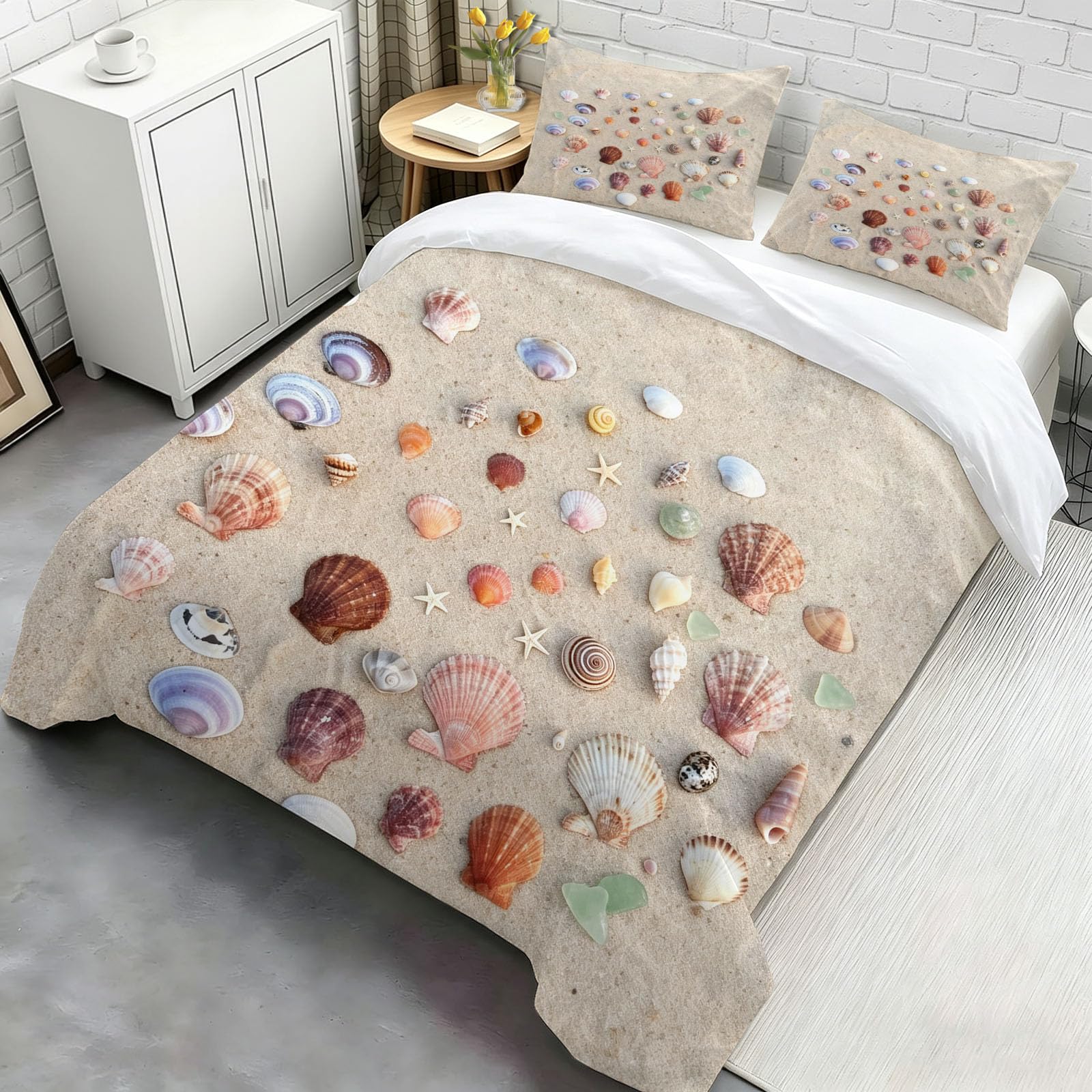 Parure Copripiumino Matrimoniale 220 x 240 cm Conchiglie e Stelle Marine Set Copripiumino Stampato Spiaggia Biancheria da Letto 3 Pezzi con Cerniera in Microfibra Morbida con 2 Federe