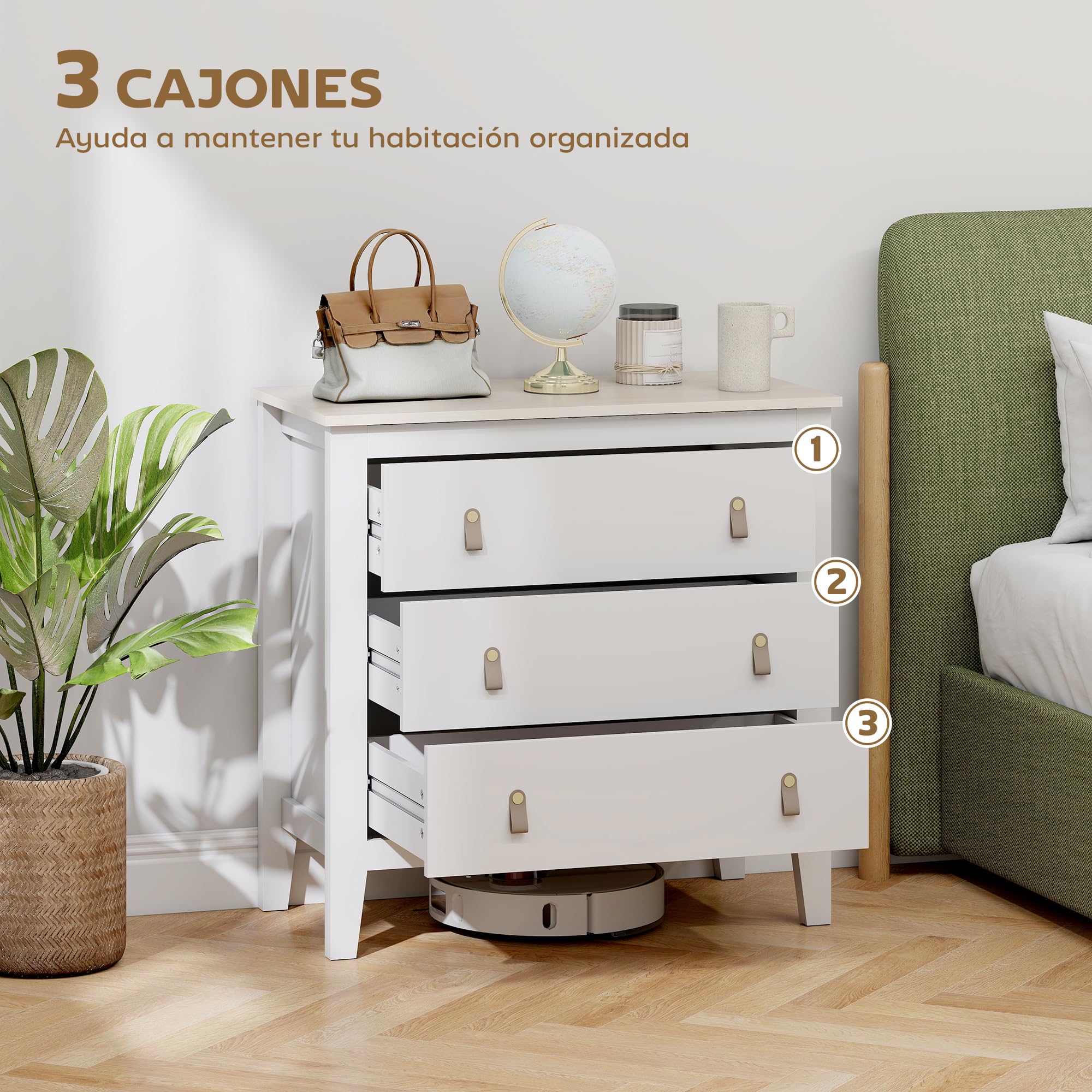 HOMCOM Cómoda de 3 Cajones Tiradores de PU Cajonera 80x40x78,5 cm Blanco | Cómoda para Dormitorio, para Salón Pasillo