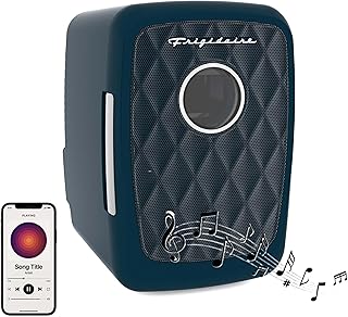 Frigidaire Mini Portable Compact Personal Cooler Fridge, 4 Liter Capacity Chills Six 12 oz Cans, 100% Freon-Free & Eco Friendly, Includes Plugs for Home Outlet - AZURE, BUILT IN BLUETOOTH SPEAKER