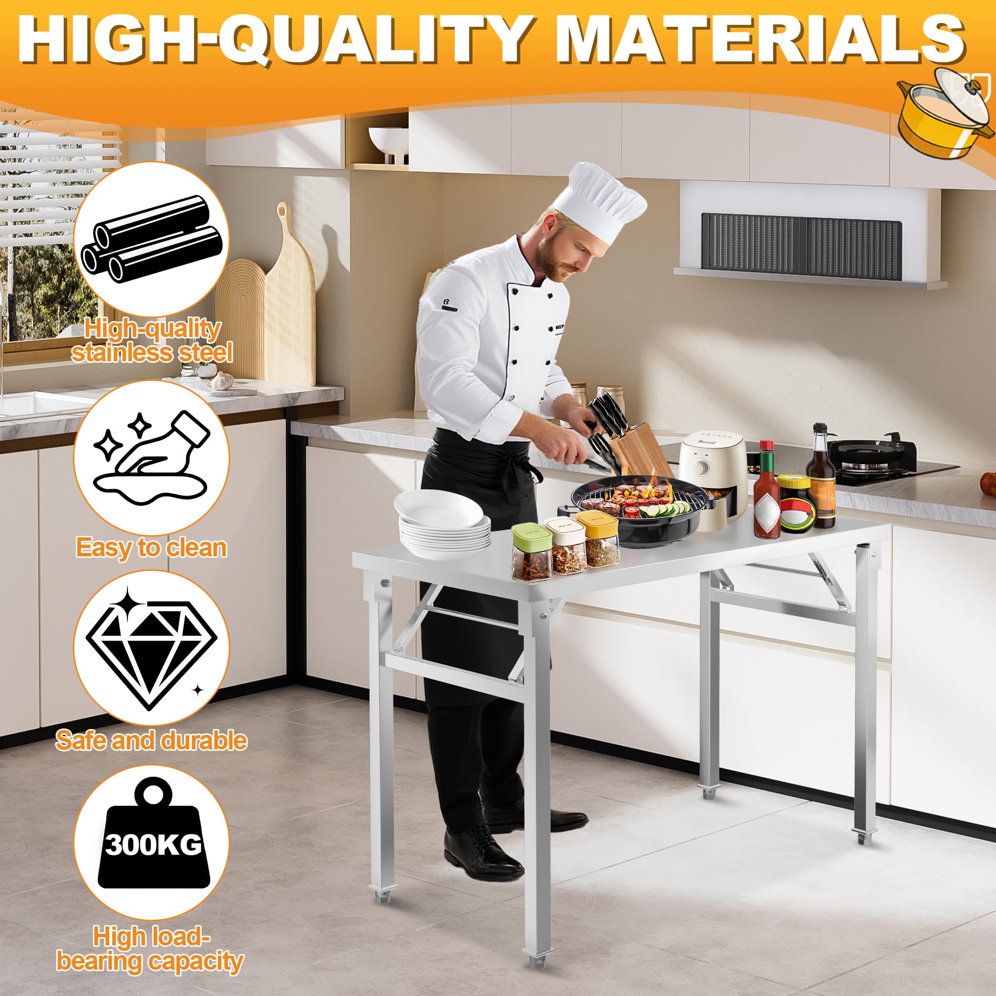 ACXIN Mesa plegable de acero inoxidable S, mesa de trabajo plegable, soporta hasta 300 kg, mesa de cocina, mesa de servir, higiénica y robusta, móvil para gastronomía, catering, taller, exterior (100