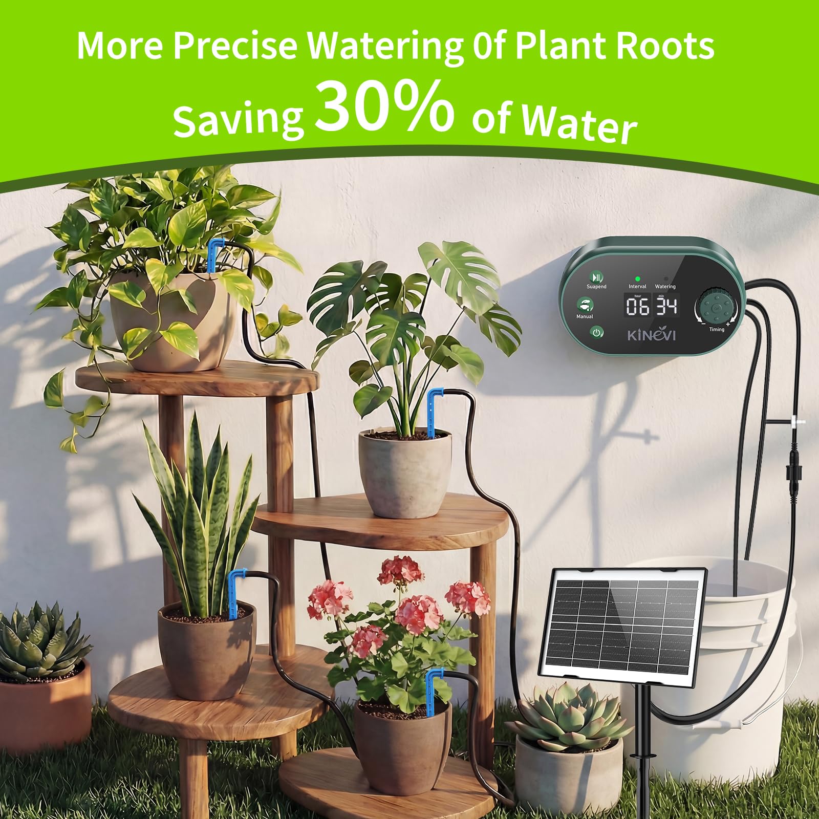 Sistema de Riego Solar para Jardín, Kit Riego Por Goteo Autorriego con 15 Micro Cabezales de Goteo, para jardín, plantas de interior y exterior, césped plantas en maceta balcón hortalizas y arbustos