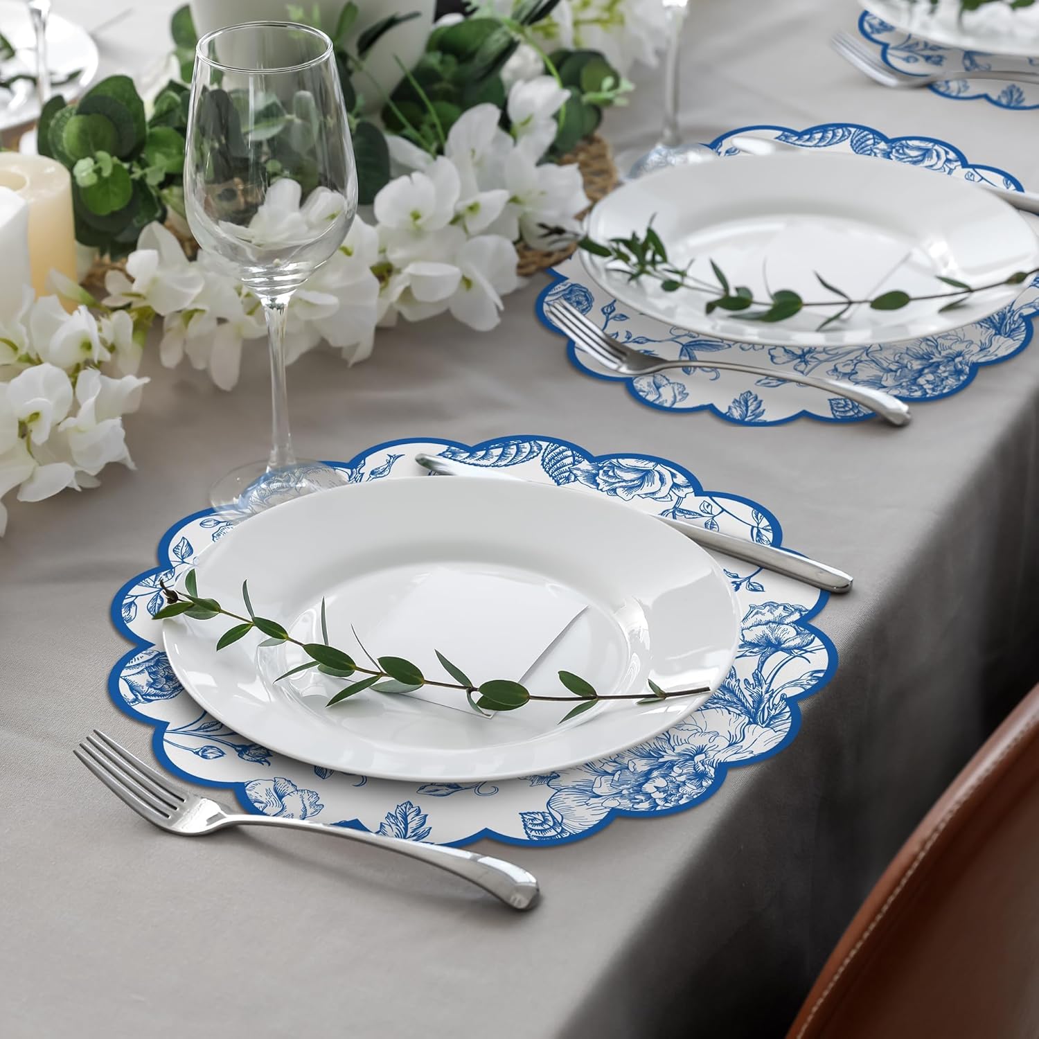 Kochorie Blue Floral Paper Placemats 100 Pack, Disposable Scalloped Table Mats, Blue Vintage Flower Paper Place Mat, 13.5 x 13.5 Inch for Weddings Bridal Showers Party Décor