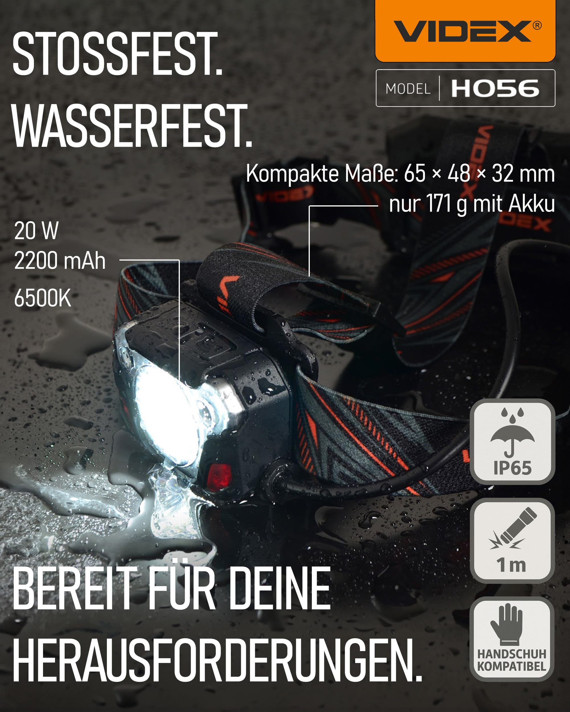 Videx Kopflampe Stirnlampe LED wiederaufladbar I Camping & Wander Zubehör I Lauflicht mit usb c aufladbar I Lauflampe mit Akku und rotlicht zum Joggen I H056 1400Lm 6500K