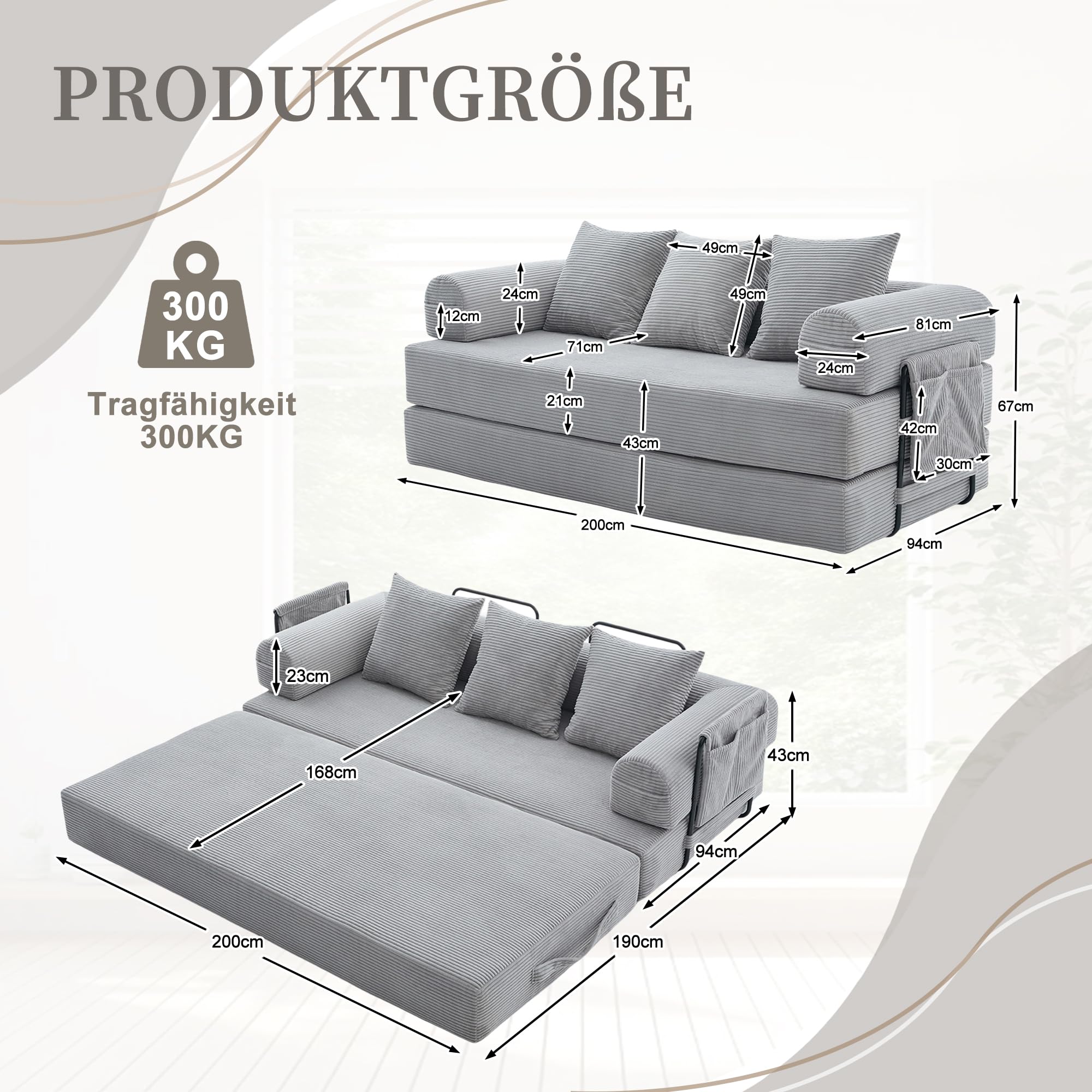 Sapgaks - Sofá convertible de 3 plazas con estructura de metal resistente, bolsillos laterales y 3 cojines, sofá modular de pana, se puede combinar libremente, sofá cama, gris claro