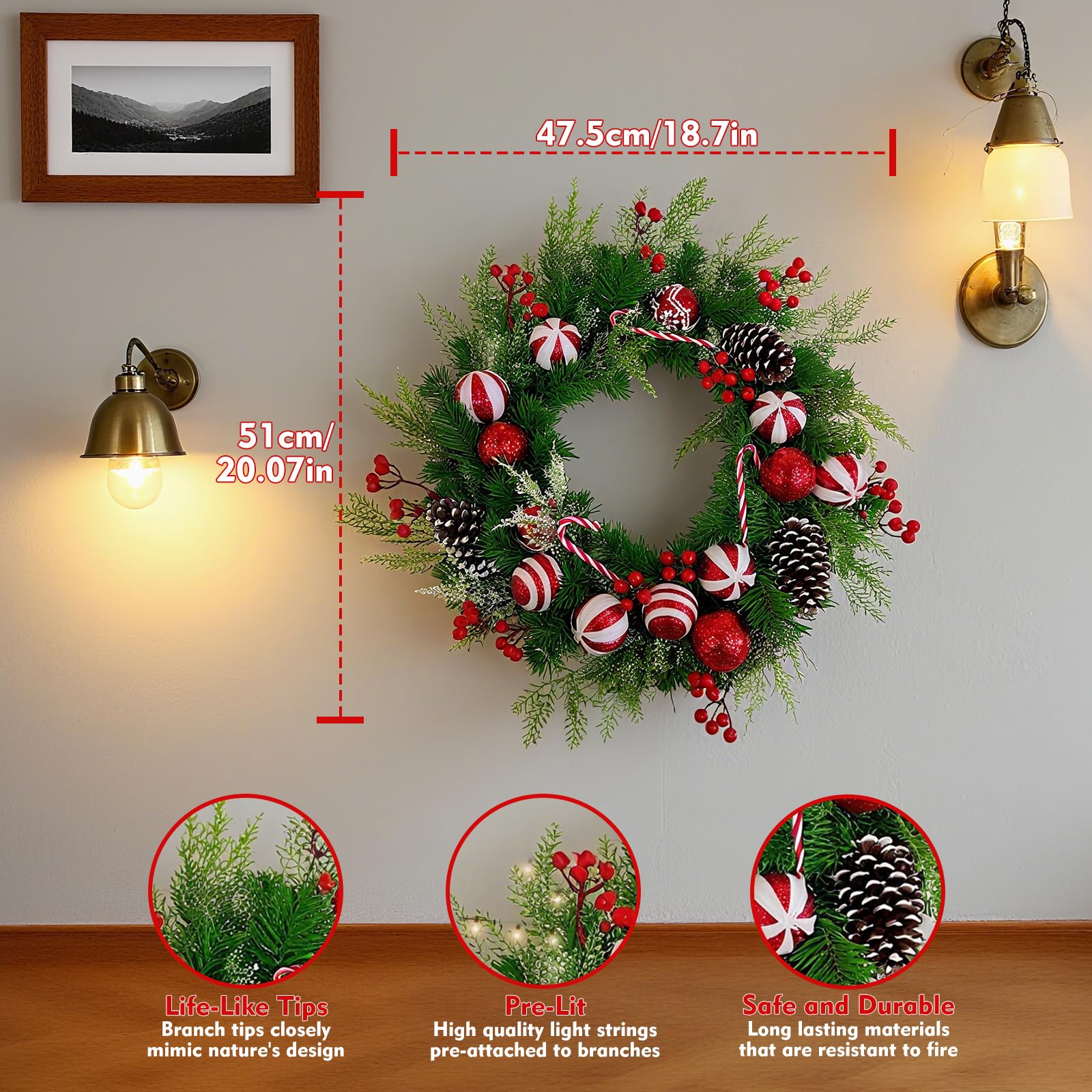 Corona de Navidad de 20 pulgadas, eucalipto artificial, corona de hoja perenne artificial para decoración de ventanas al aire libre, decoración moderna de casa de campo artificial para decoración de