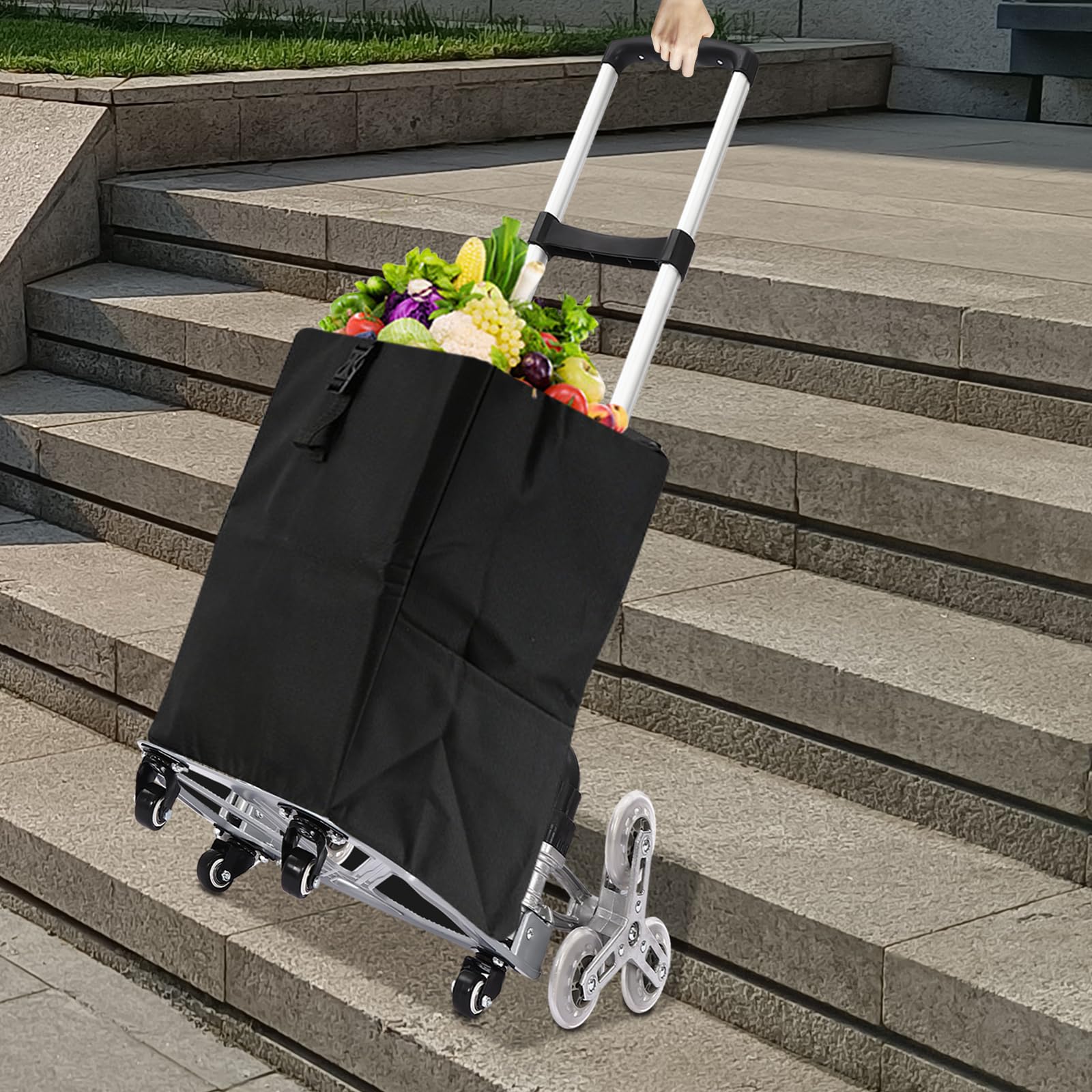 Carrello pieghevole fino a 70 kg, manico estensibile 67 – 106 cm, carrello per scale con 6 ruote in gomma, quattro ruote girevoli a 360°, carrello in alluminio