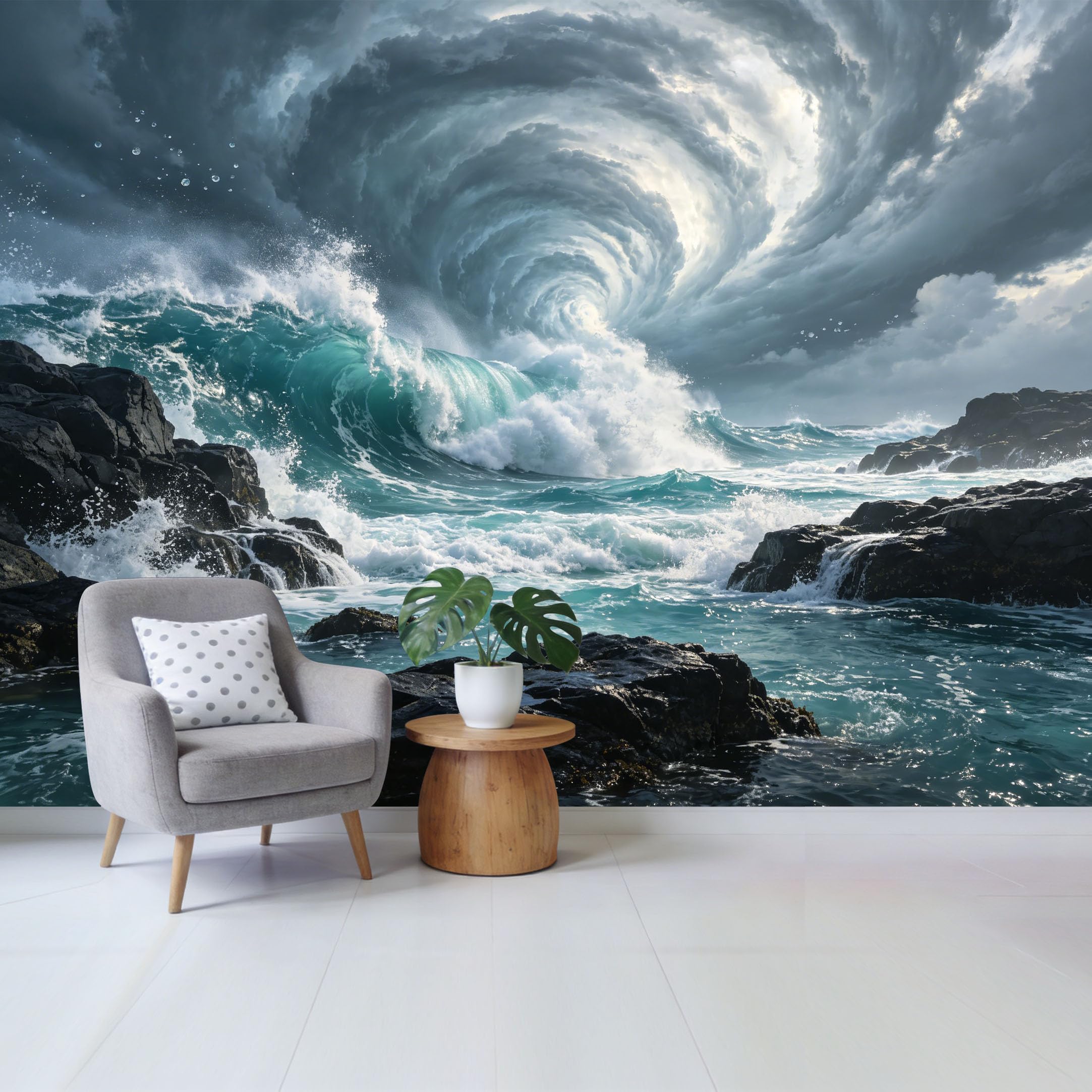Custom Size Wall Mural Ocean Storm Waves Swirl Sky Coastal Seascape Removable Self Adhesive Fabric Home Wall Decor for Living Room Bedroom Bathroom