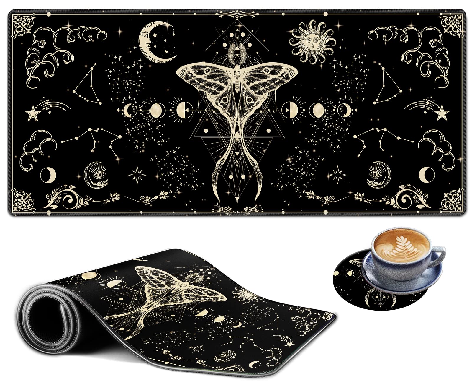 EDGFRTOIO Large Gaming Mouse Pad, Witch Moth Moon Phase Design Computer Keyboard Mat Desk Mousepad, Full Desk Extended XXL Mouse Pad 35.5" X 15.75" w/Stitched Edges Non-Slip for Office Home Gamer