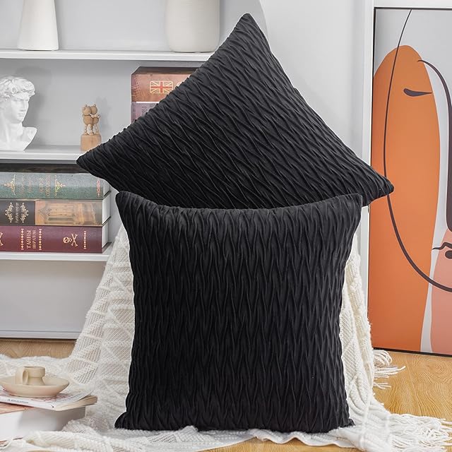 Madizz Pack of 2 Super Soft Velvet Decorative Cushion Covers with Texture Luxury Style Throw Pillow Cases Pillow Shell for Sofa Bedroom Square Black 18x18 inch