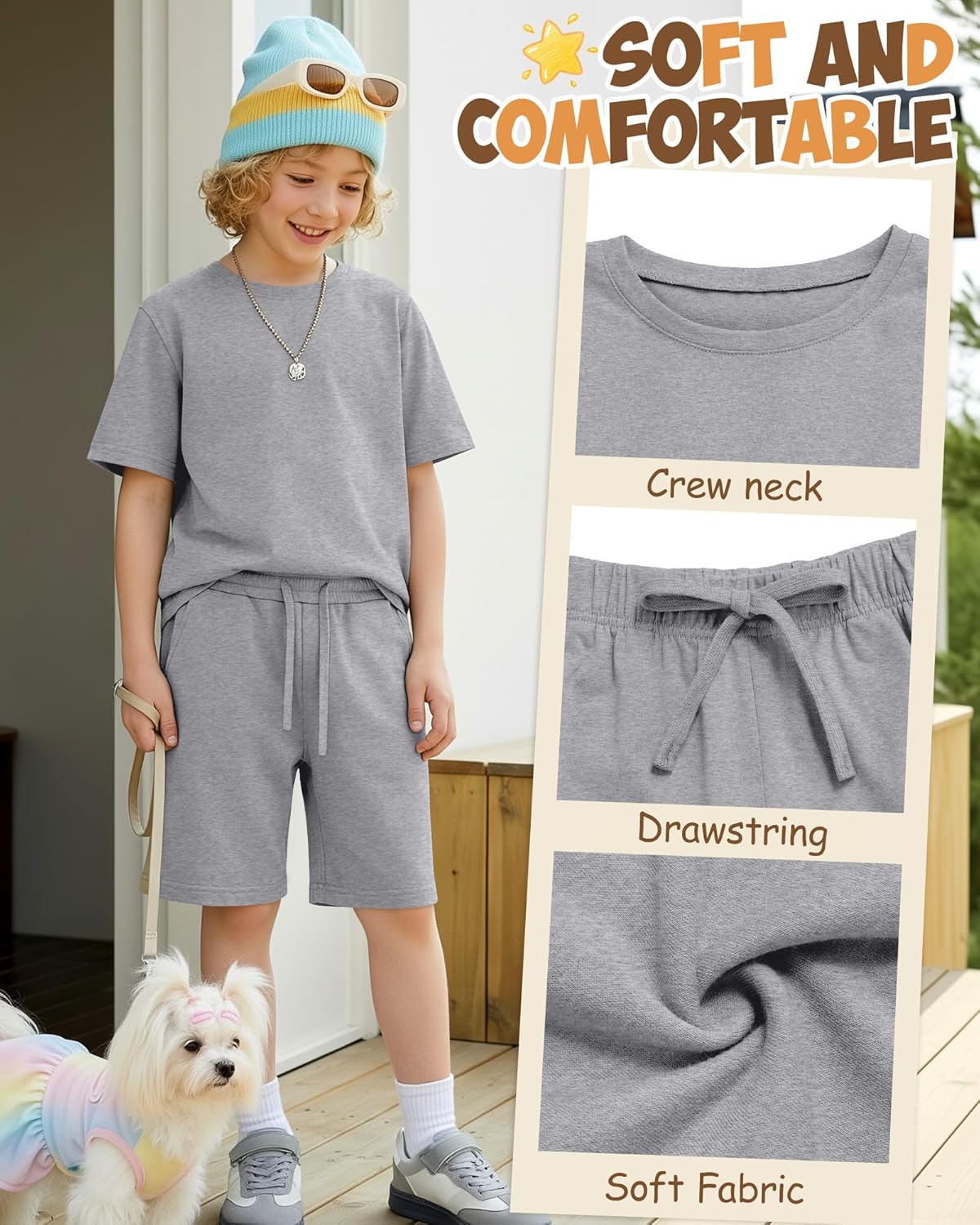 2 Pack Boy's 2 Piece Outfits Crew Neck Shirts and Shorts Sets Summer Casual Clothes 5-14 Years