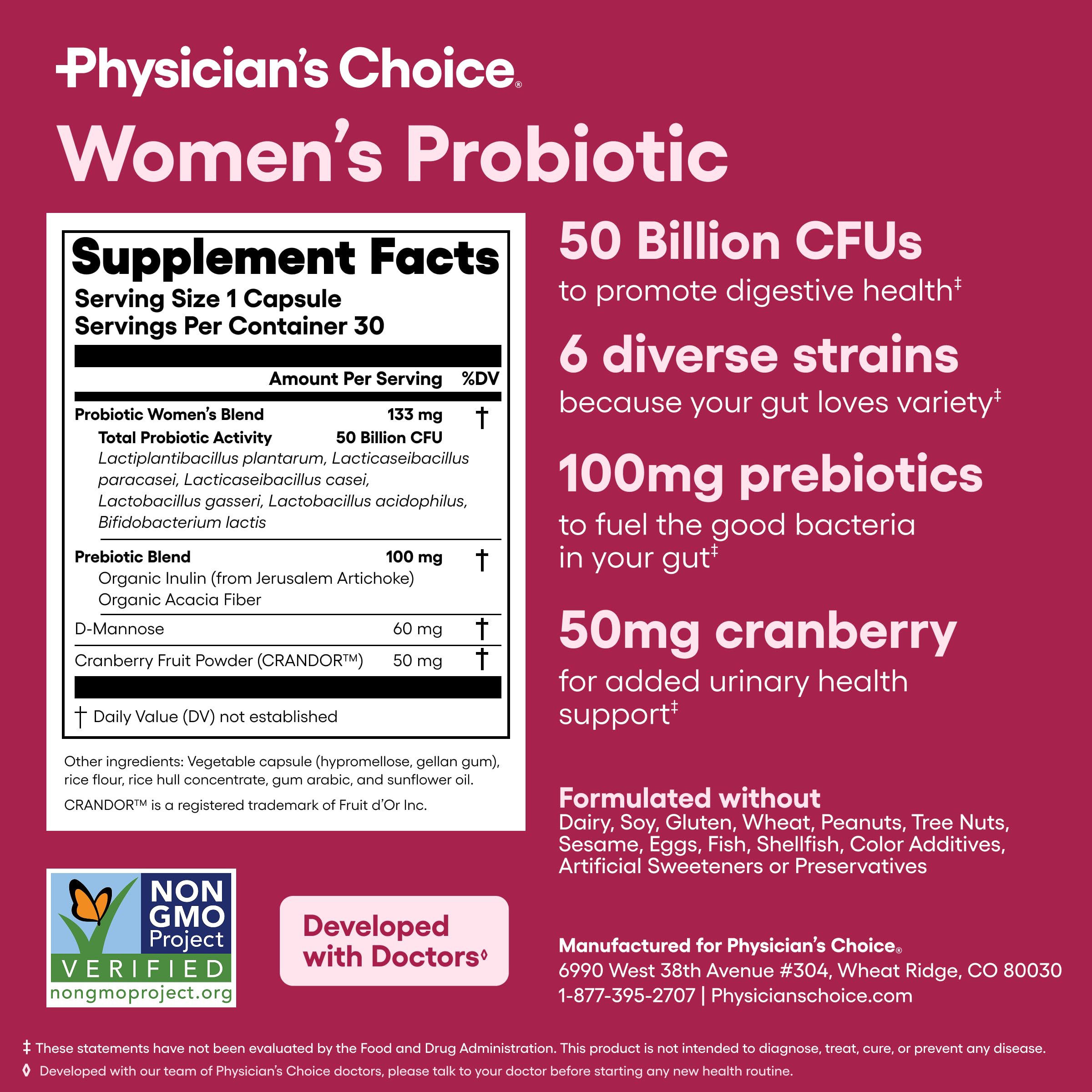 Physician's CHOICE Probiotics for Women - PH Balance, Digestive, UT, & Feminine Health - 50 Billion CFU - 6 Unique Strains for Her - Organic Prebiotics, Cranberry Extract+ - Women Probiotic - 30 CT — Amazon image 6