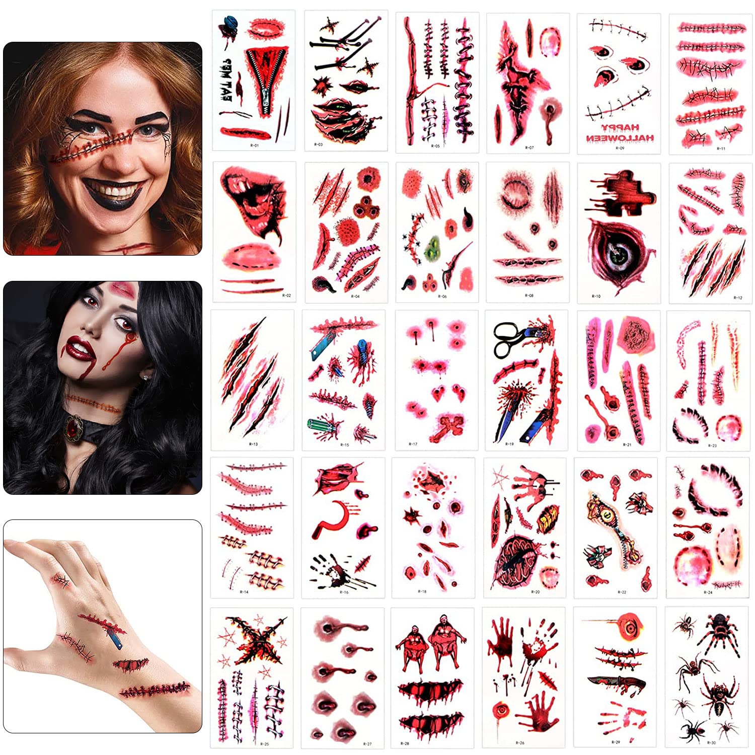 30 Fogli Di Tatuaggi Temporanei Horror Stay Real – Cicatrici E Ferite 3D, Impermeabili, Realistici Per Halloween, Cosplay Zombie E Trucco Da Spavento, Adatti Ad Adulti E Bambini - 2