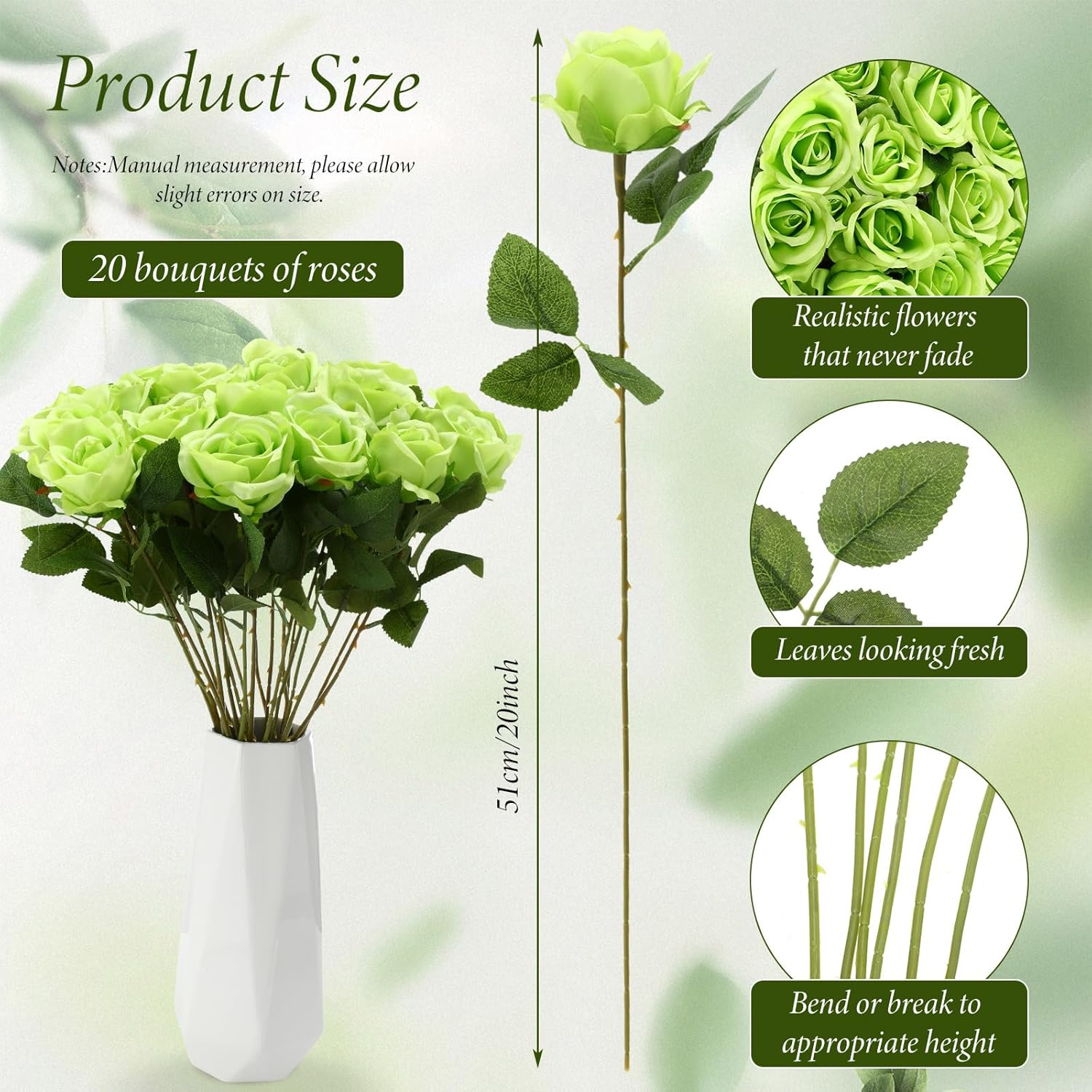Hotop 20 Pcs Artificial Rose Flowers with Long Stem,Real Touch Silk Realistic Plastic Bouquet Roses Bulk for Home Decor Bridal Wedding Party Table Centerpieces Decorations(Green) - Image 2