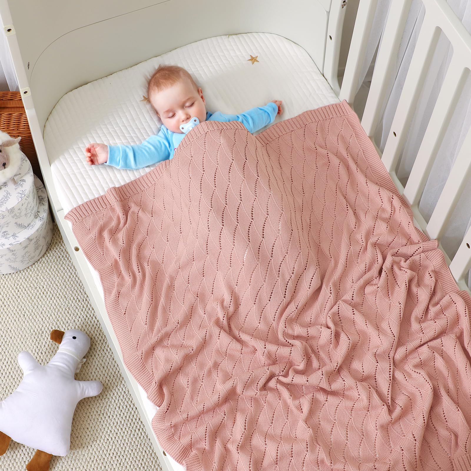 mimixiong Cotton Knit Baby Blanket Soft Crochet Cellular Blanket Baby Gifts for Newborn Boys Girls,100 x 80 cm (Pink) - Image 4