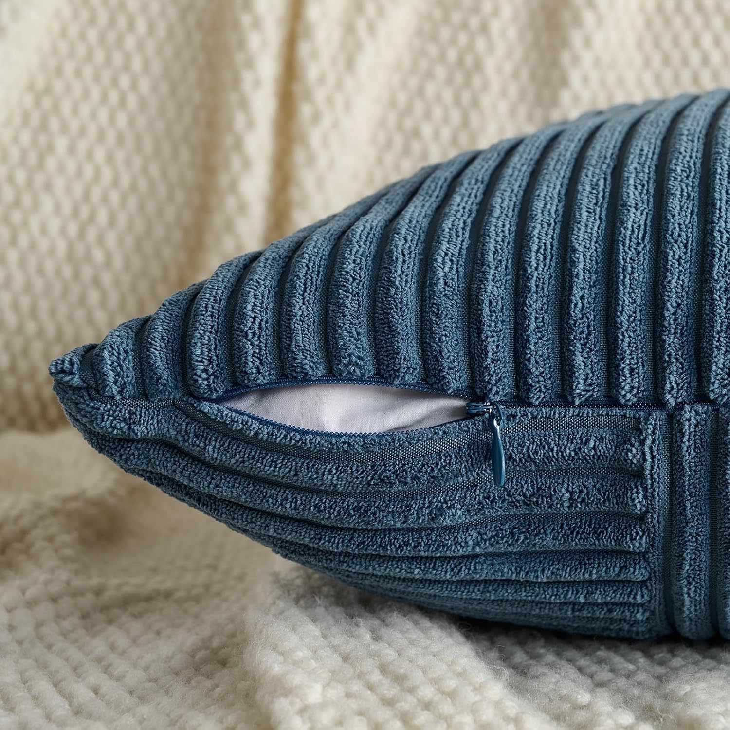 Fancy Homi Set of 2 Dusty Blue Lumbar Boho Decorative Throw Pillow Covers 12x20 Inch for Living Room Bedroom Couch, Modern Farmhouse Home Decor, Soft Striped Patchwork Plaid Corduroy Cushion Case - Image 3