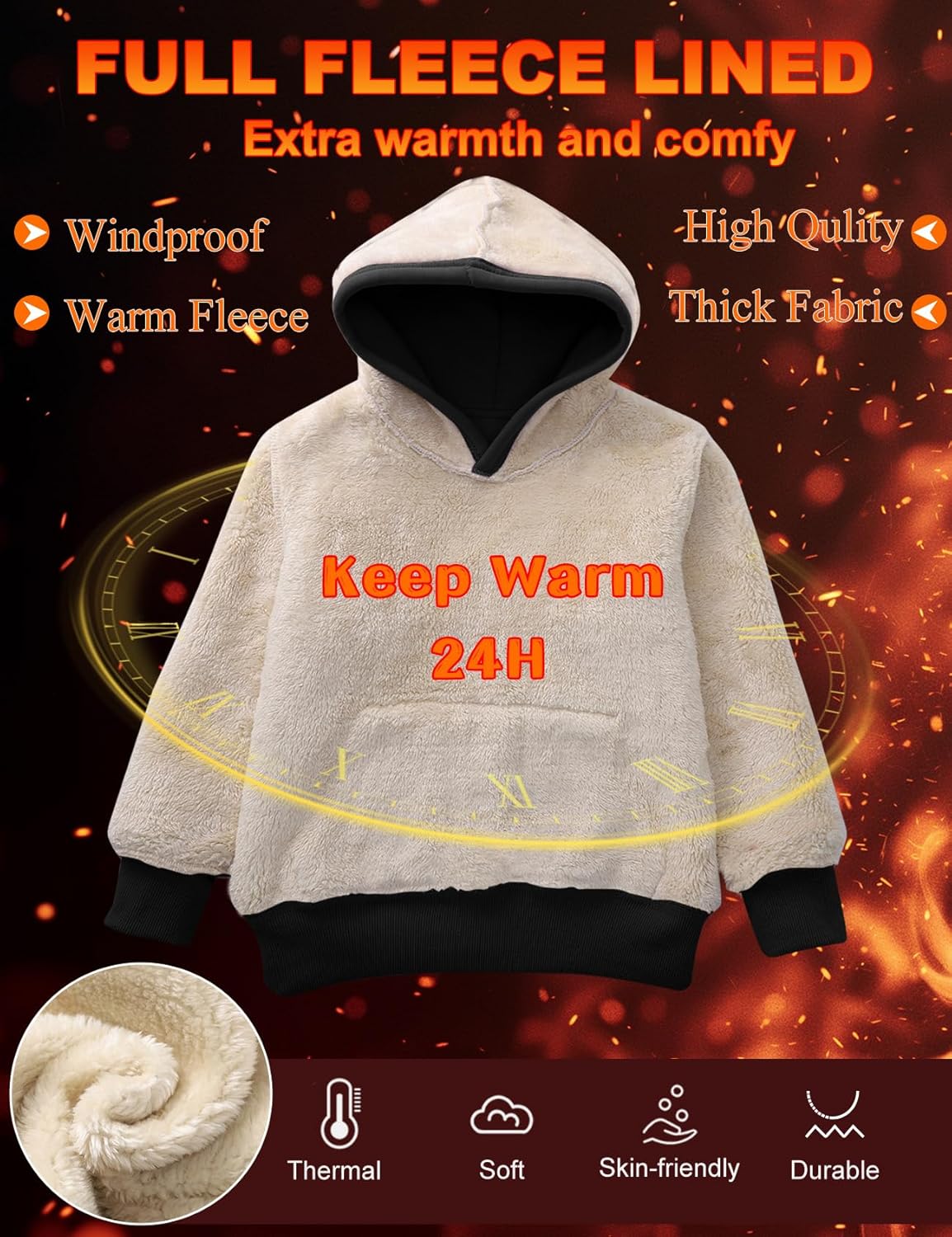 Kissonic Unisex Boys Girls Fleece Sherpa Lined Hoodie Winter Warm Kids Hooded Sweatshirt - Image 4