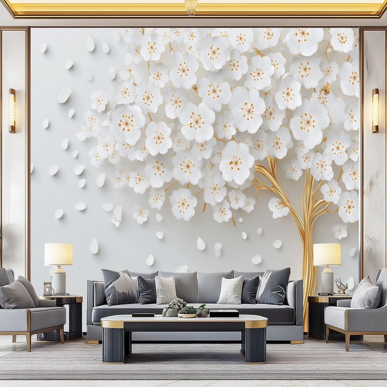 Papier peint fleurs branches dorées pour une ambiance de chambre cocooning