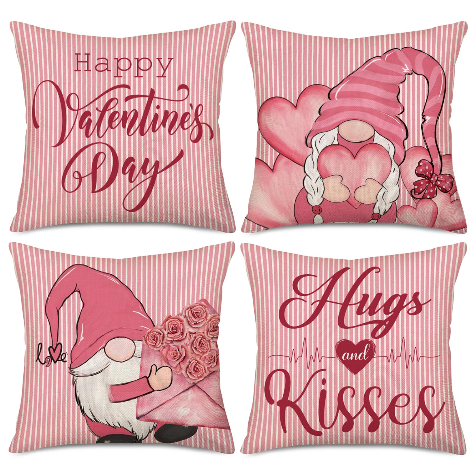 Asamour Valentines Pillow Covers 24x24 Inch Set of 4 Valentines Day Decor Pink Love Rose Heart Gnomes Hugs and Kisses Happy Valentine Pillows Decorative Throw Pillows Holiday Home Decorations