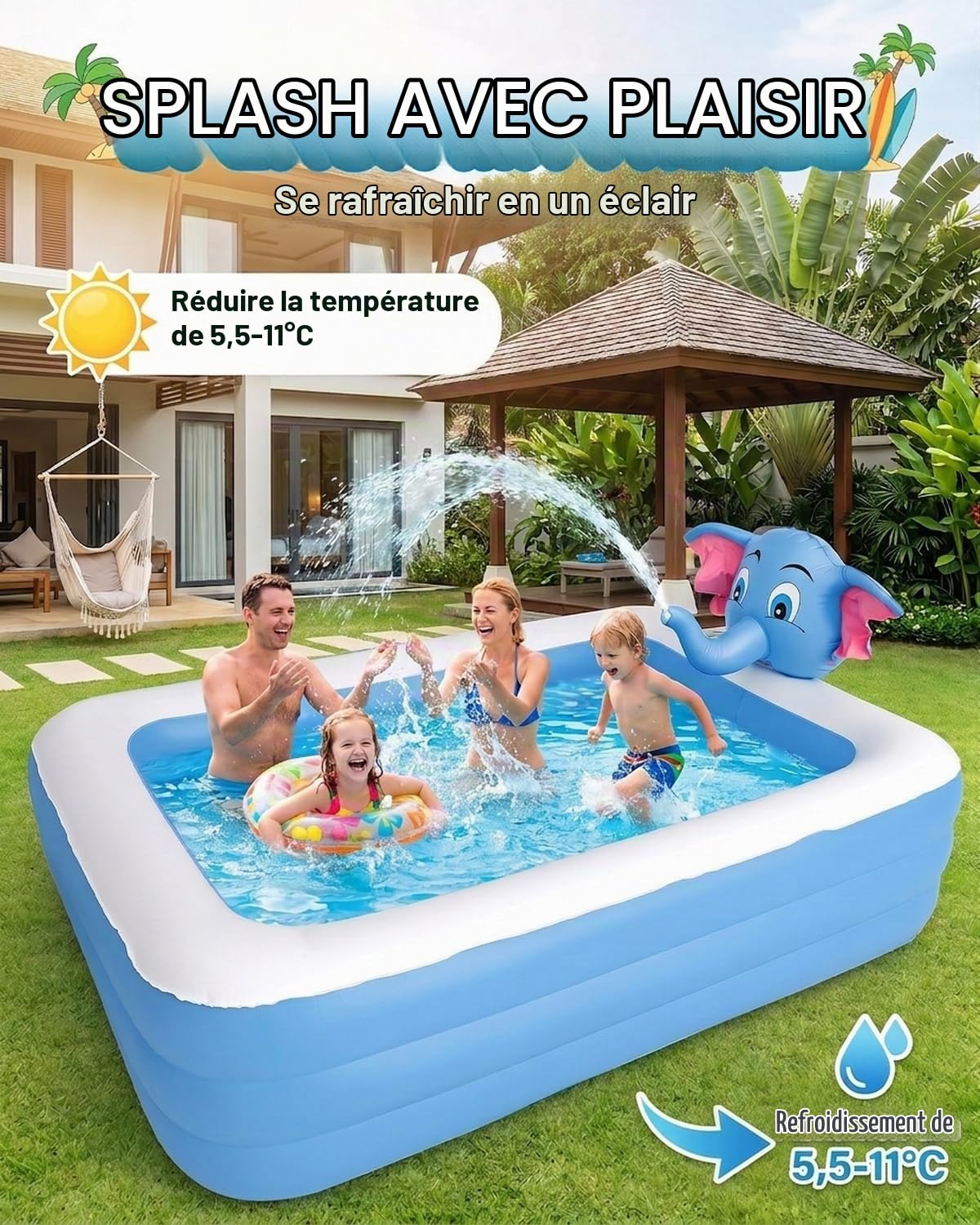Piscine gonflable avec arroseur, tête d'éléphant 3D pour adultes, 200 x 150 x 50 cm, piscine de loisirs familiale, piscine pour enfants, jardin, cour ou intérieur