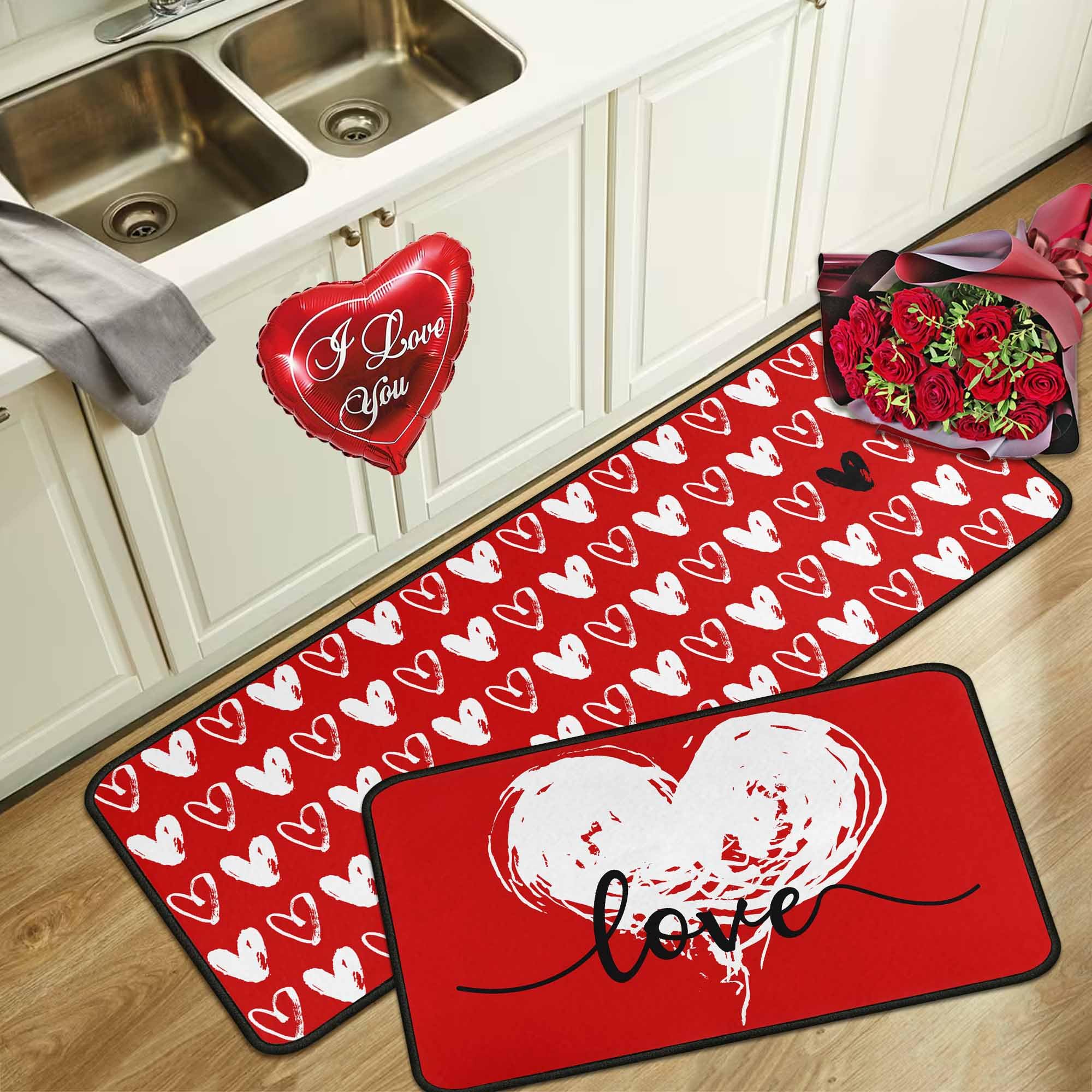 Noulmea Buffalo Plaid Valentines Day Kitchen Rugs Set of 2,Valentine's Anniversary Wedding Holiday Love Hearts Decorative Floor Mats for Home Kitchen 17